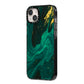 Emerald Green iPhone 14 Plus Black Impact Case Side Angle on Silver phone