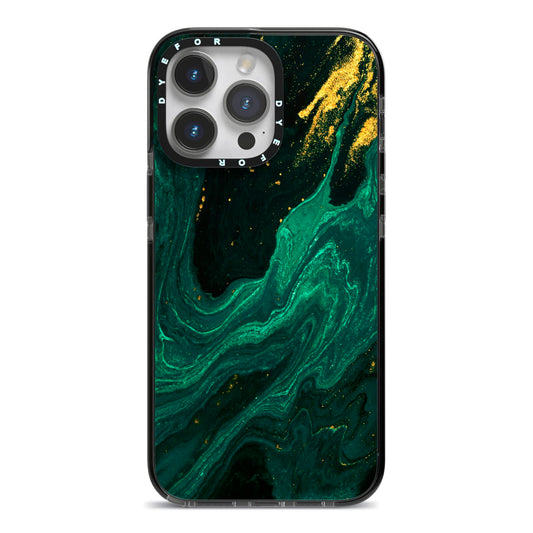 Emerald Green iPhone 14 Pro Max Black Impact Case on Silver phone