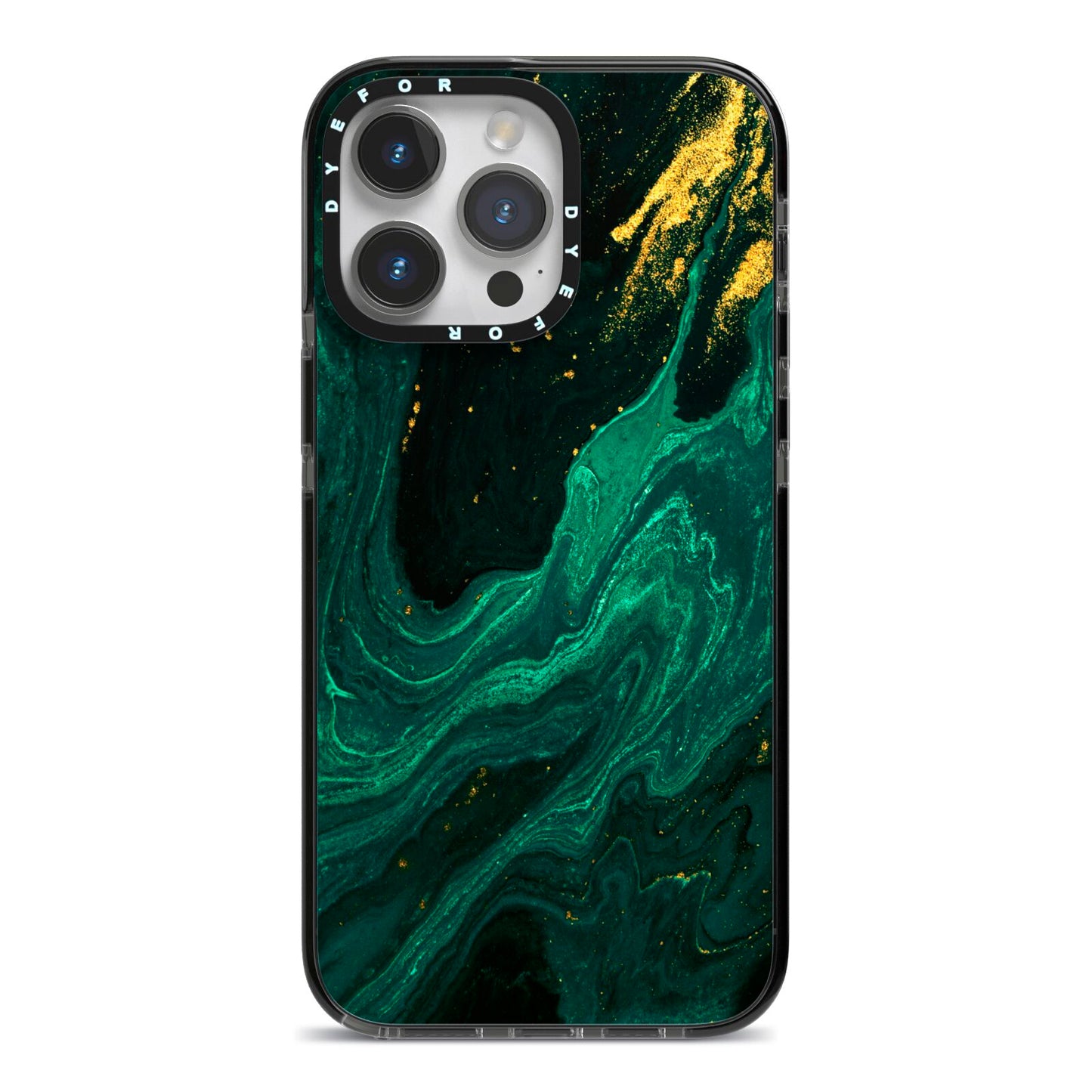 Emerald Green iPhone 14 Pro Max Black Impact Case on Silver phone