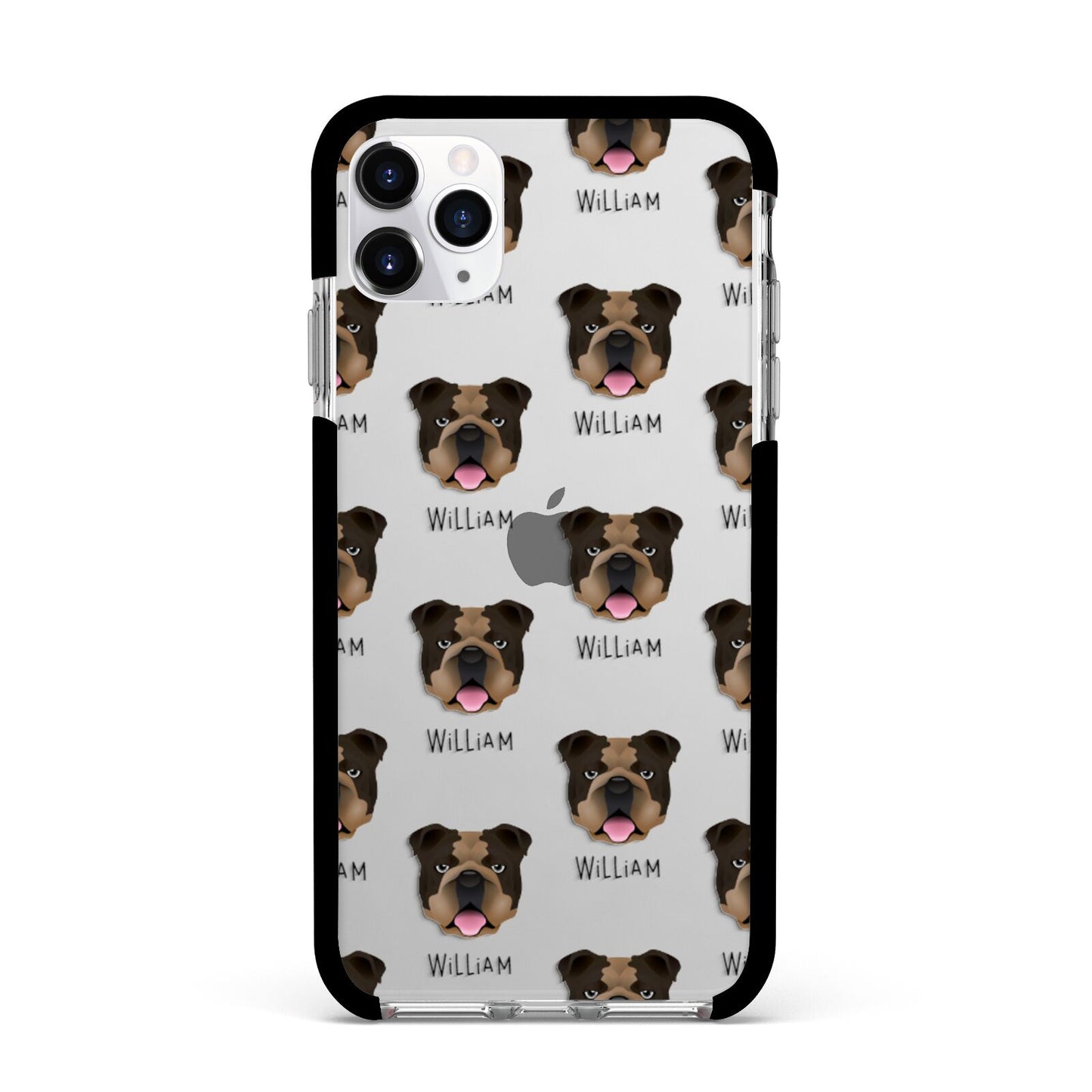 English Bulldog Icon with Name Apple iPhone 11 Pro Max in Silver with Black Impact Case