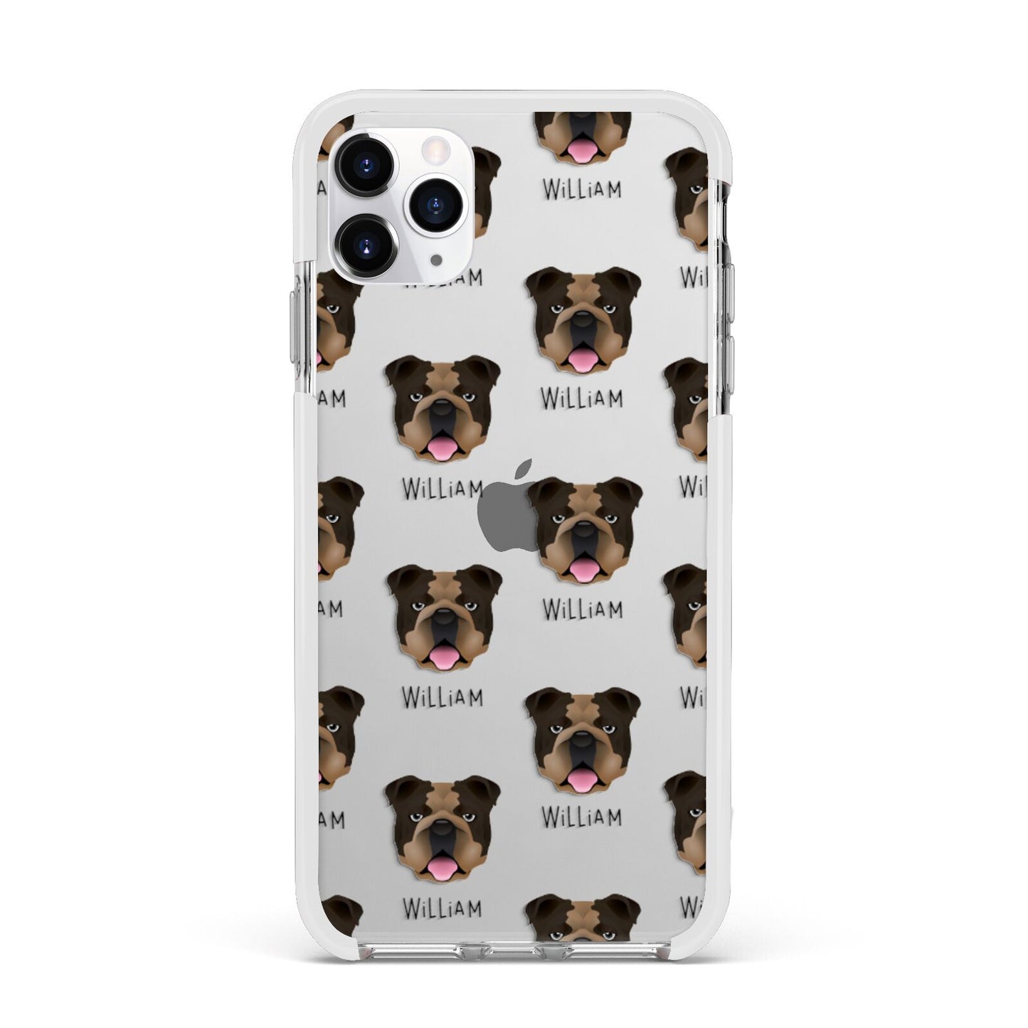 English Bulldog Icon with Name Apple iPhone 11 Pro Max in Silver with White Impact Case