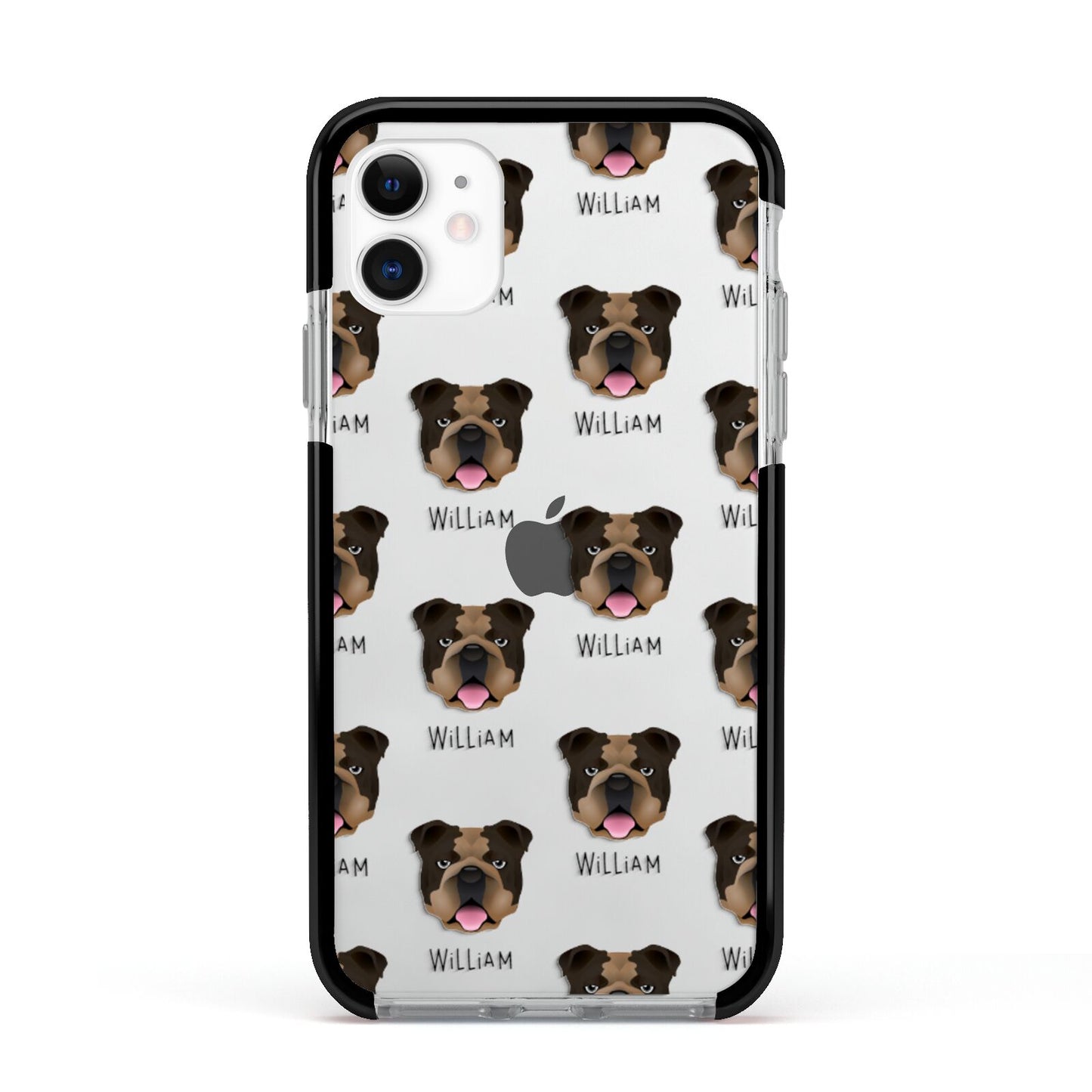 English Bulldog Icon with Name Apple iPhone 11 in White with Black Impact Case