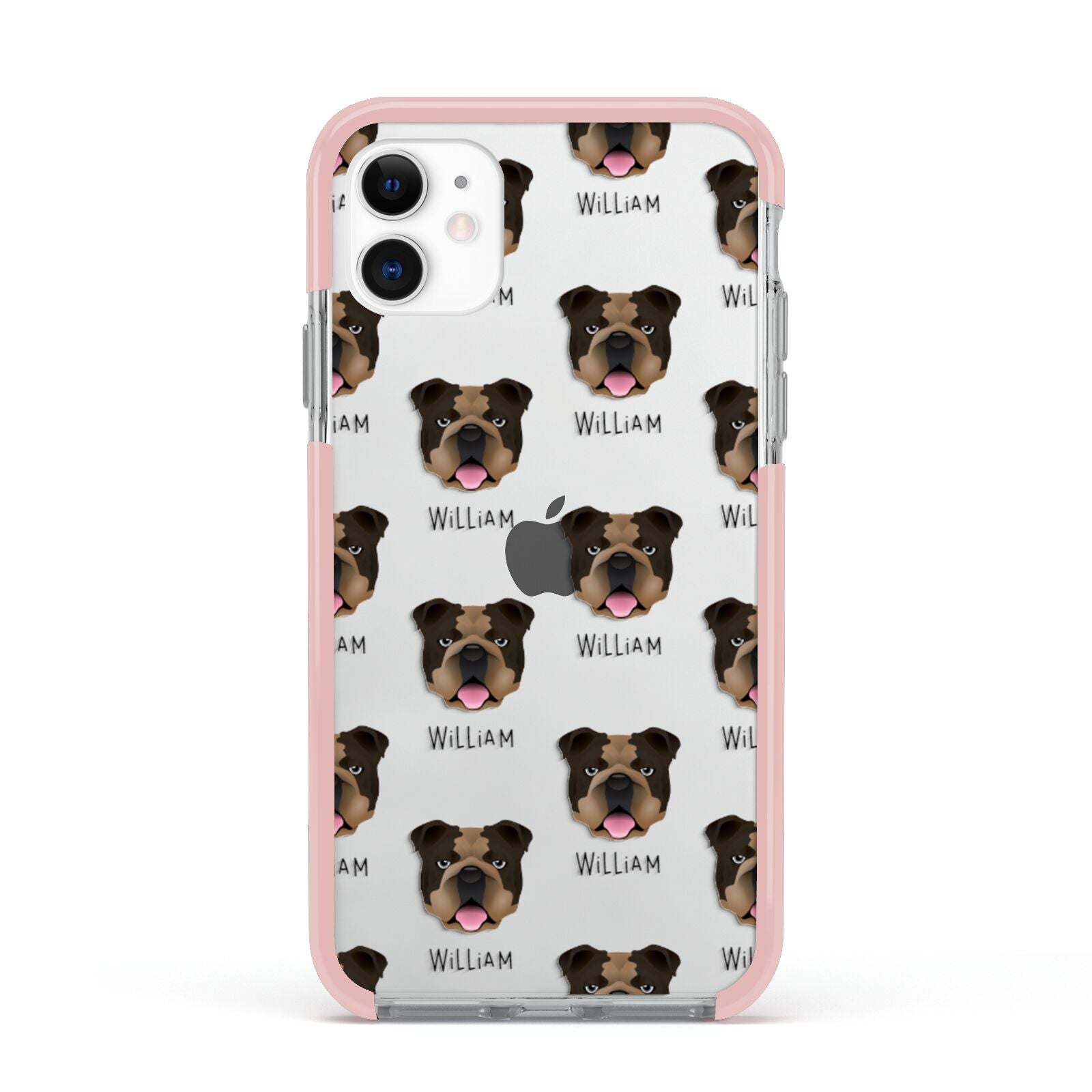 English Bulldog Icon with Name Apple iPhone 11 in White with Pink Impact Case