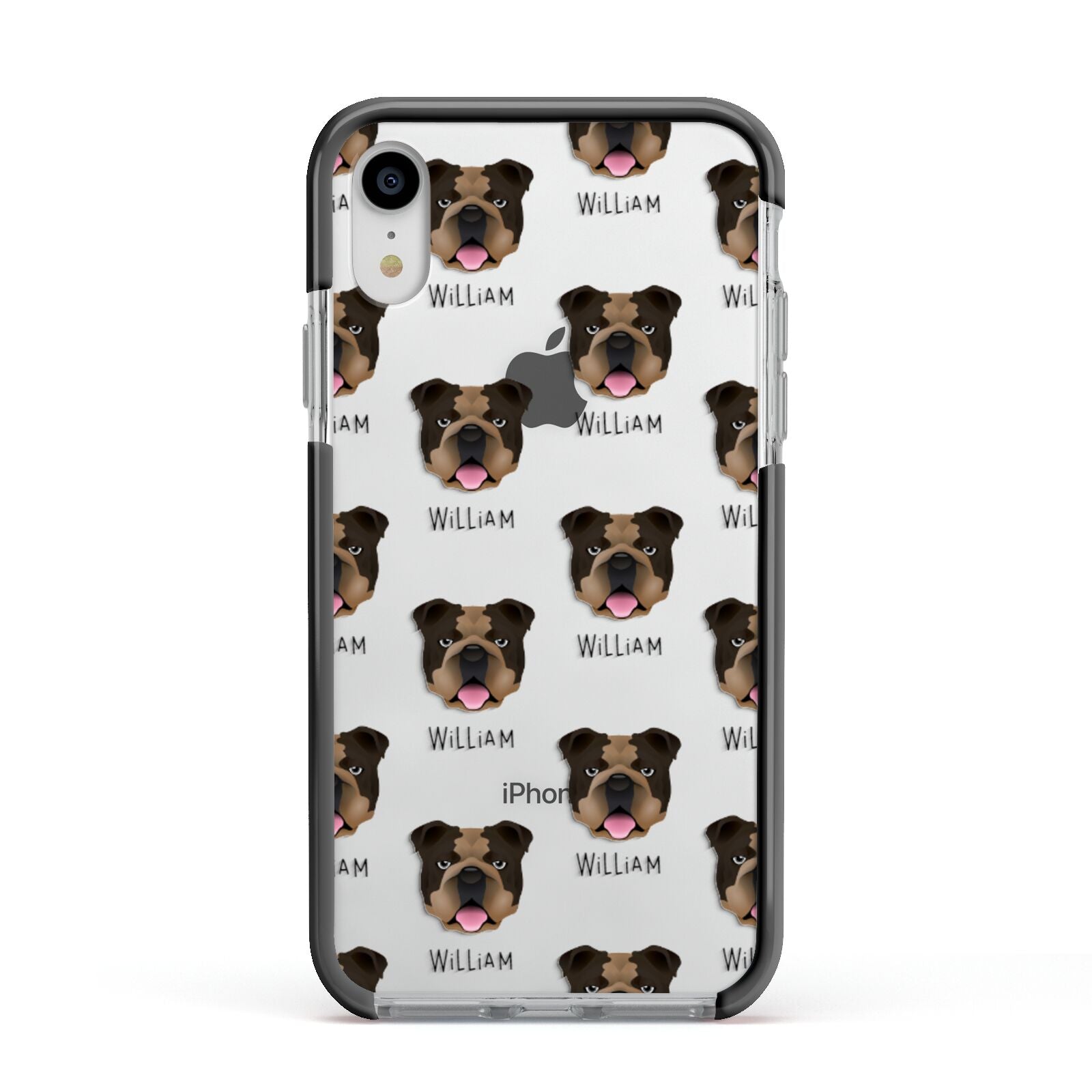 English Bulldog Icon with Name Apple iPhone XR Impact Case Black Edge on Silver Phone