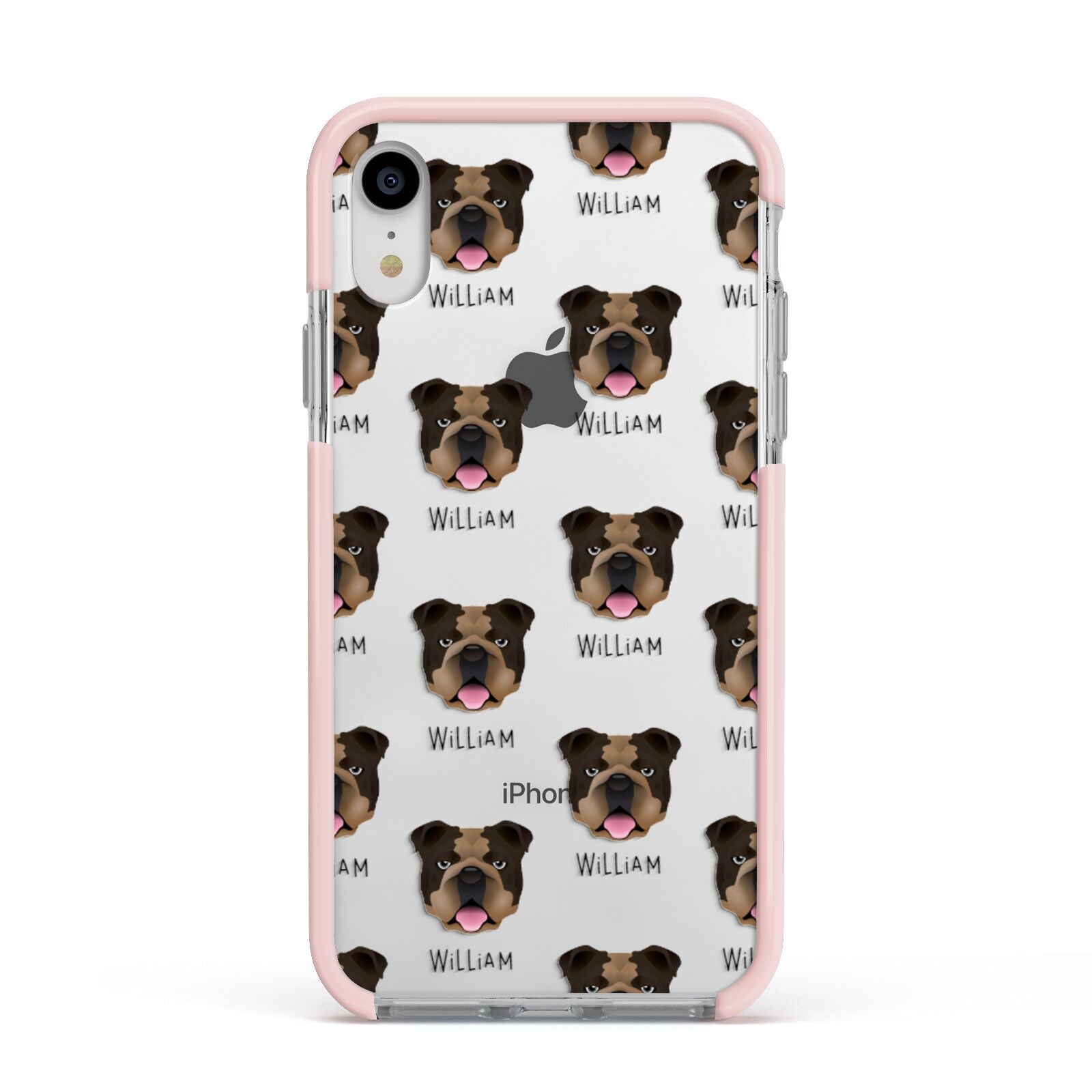 English Bulldog Icon with Name Apple iPhone XR Impact Case Pink Edge on Silver Phone