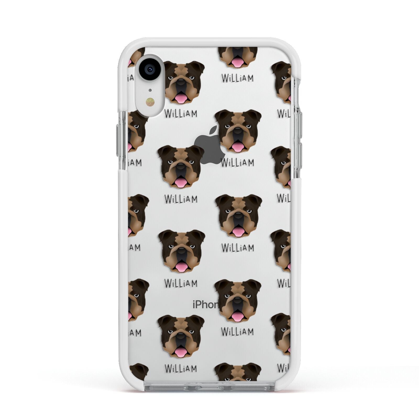 English Bulldog Icon with Name Apple iPhone XR Impact Case White Edge on Silver Phone