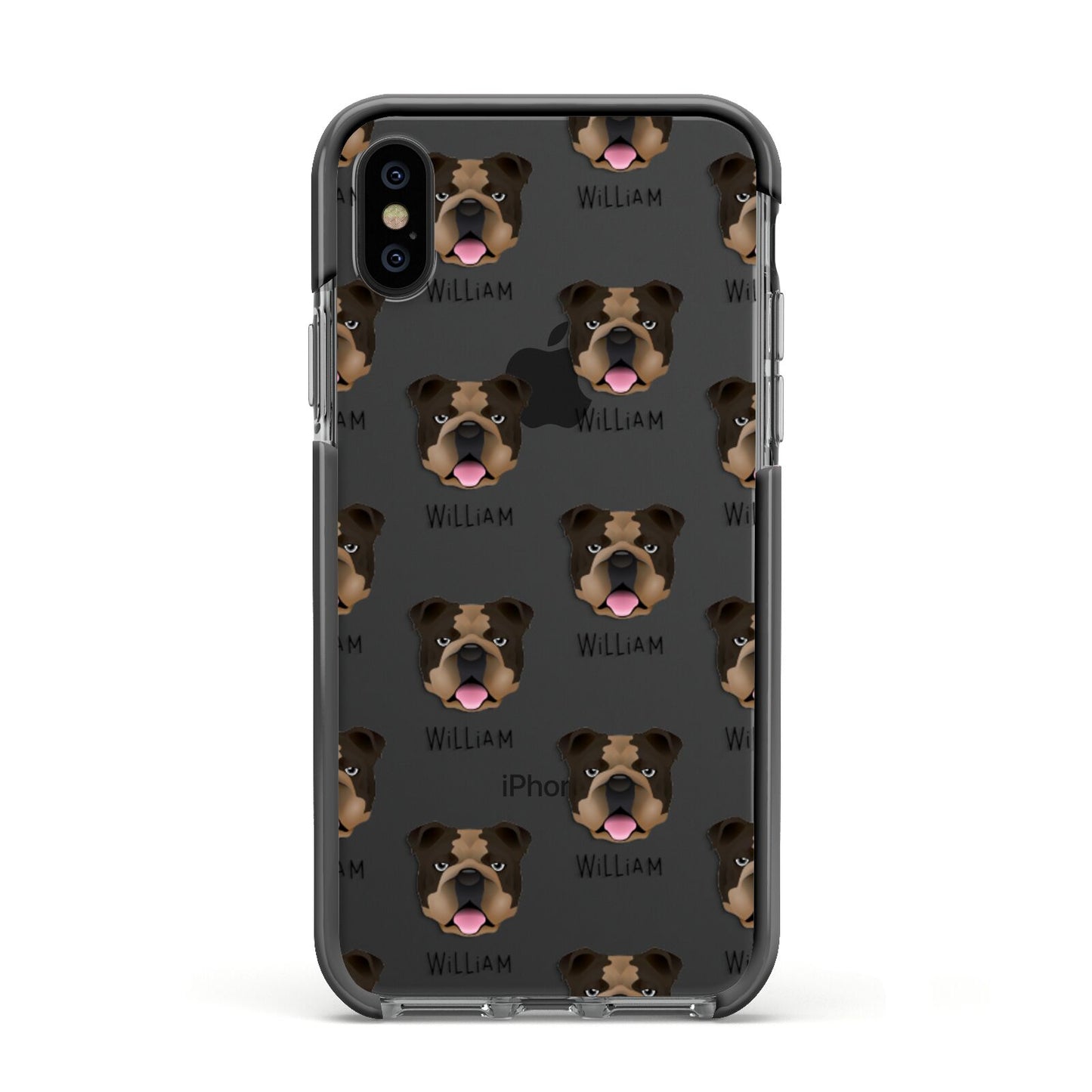 English Bulldog Icon with Name Apple iPhone Xs Impact Case Black Edge on Black Phone