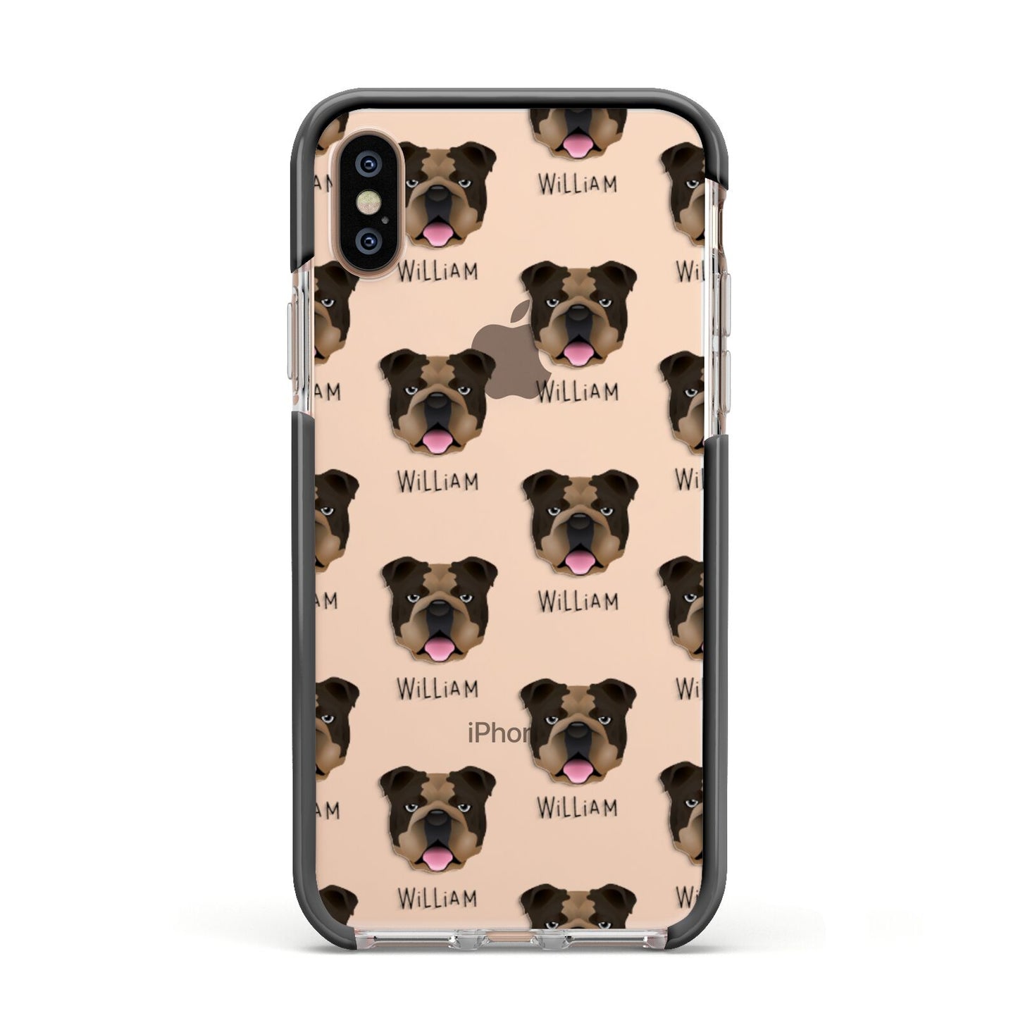 English Bulldog Icon with Name Apple iPhone Xs Impact Case Black Edge on Gold Phone