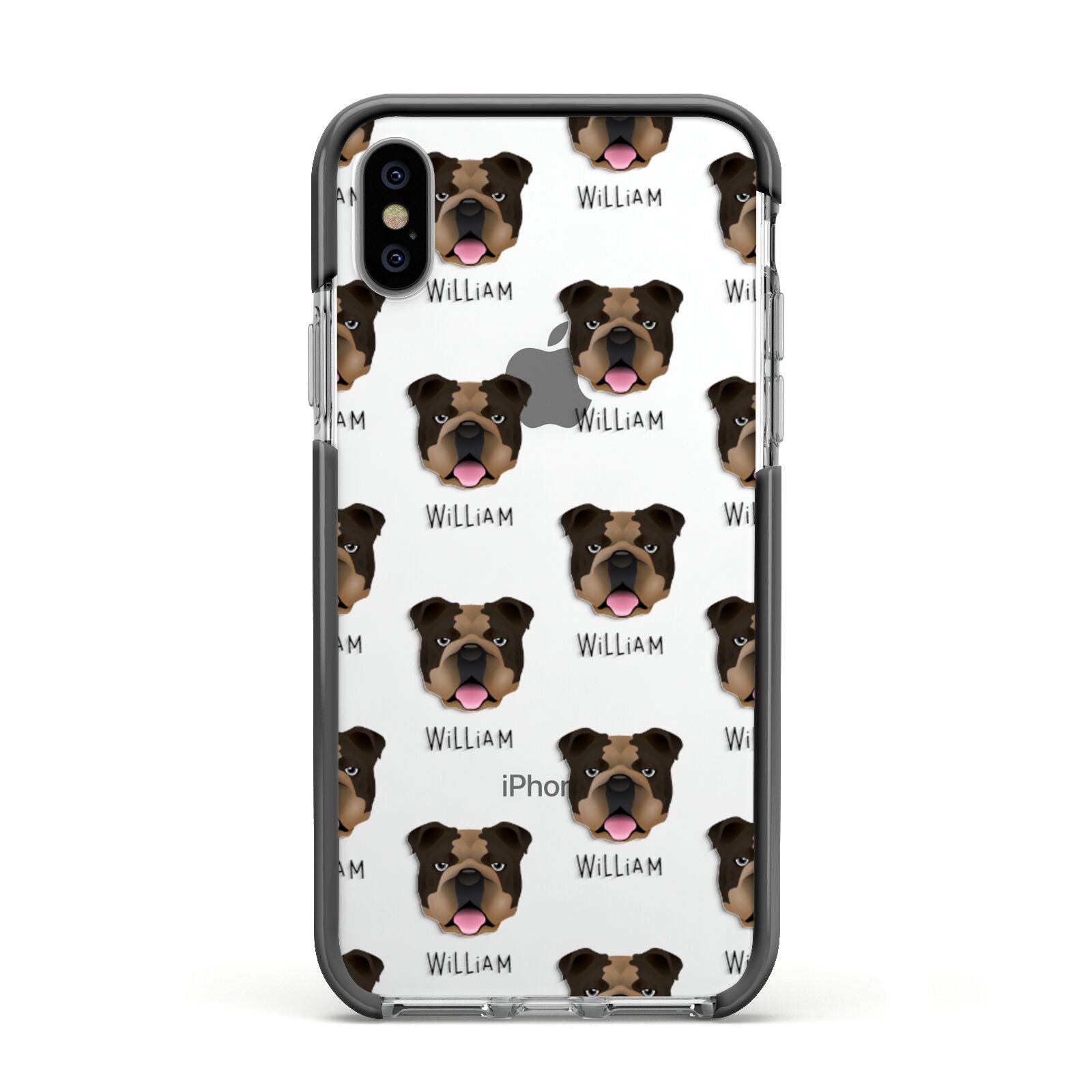 English Bulldog Icon with Name Apple iPhone Xs Impact Case Black Edge on Silver Phone