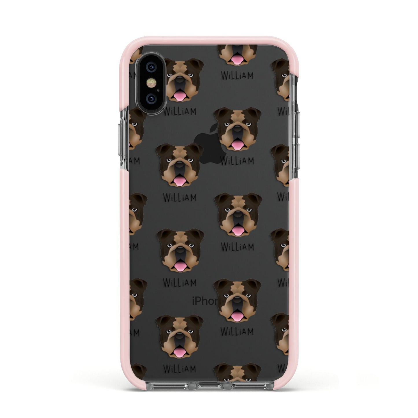 English Bulldog Icon with Name Apple iPhone Xs Impact Case Pink Edge on Black Phone