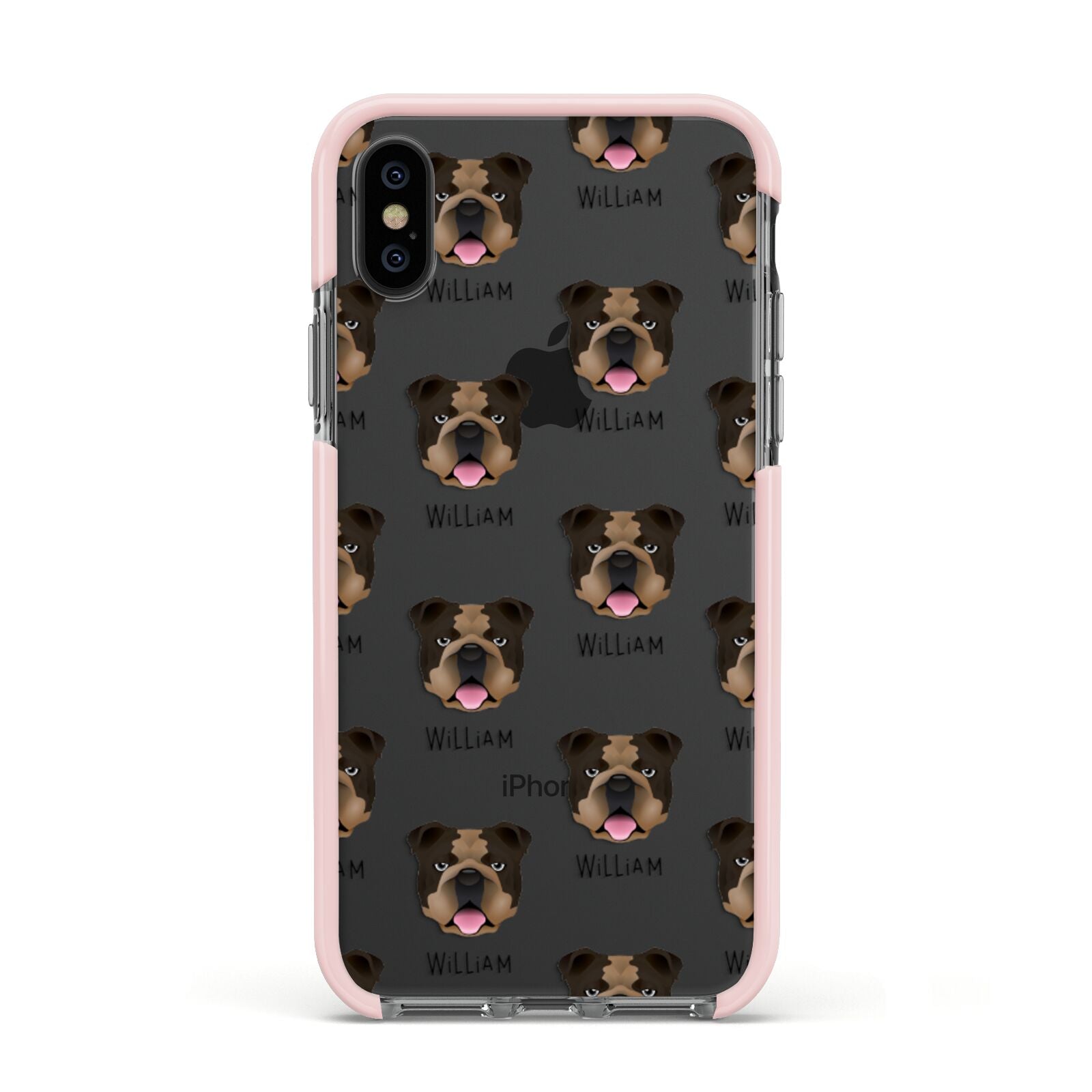 English Bulldog Icon with Name Apple iPhone Xs Impact Case Pink Edge on Black Phone