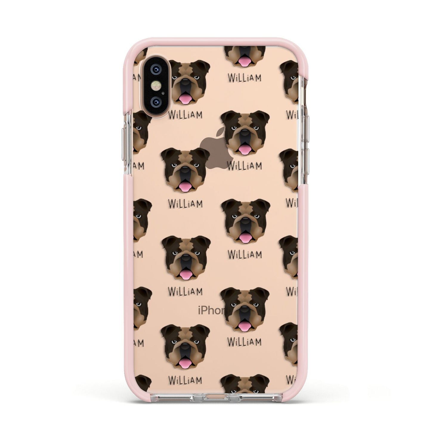 English Bulldog Icon with Name Apple iPhone Xs Impact Case Pink Edge on Gold Phone