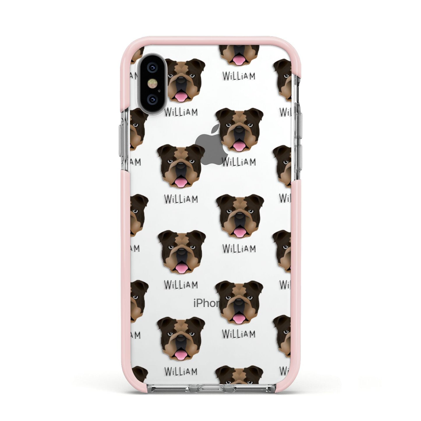 English Bulldog Icon with Name Apple iPhone Xs Impact Case Pink Edge on Silver Phone