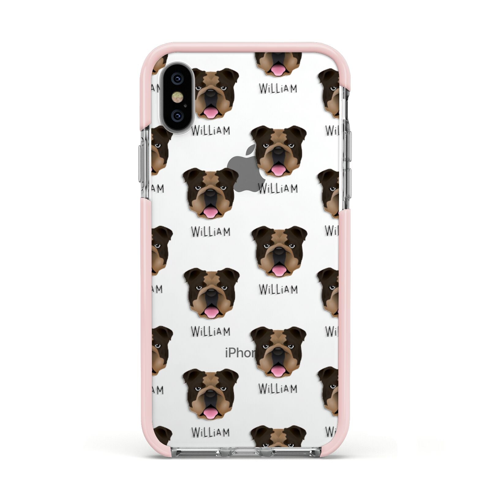 English Bulldog Icon with Name Apple iPhone Xs Impact Case Pink Edge on Silver Phone