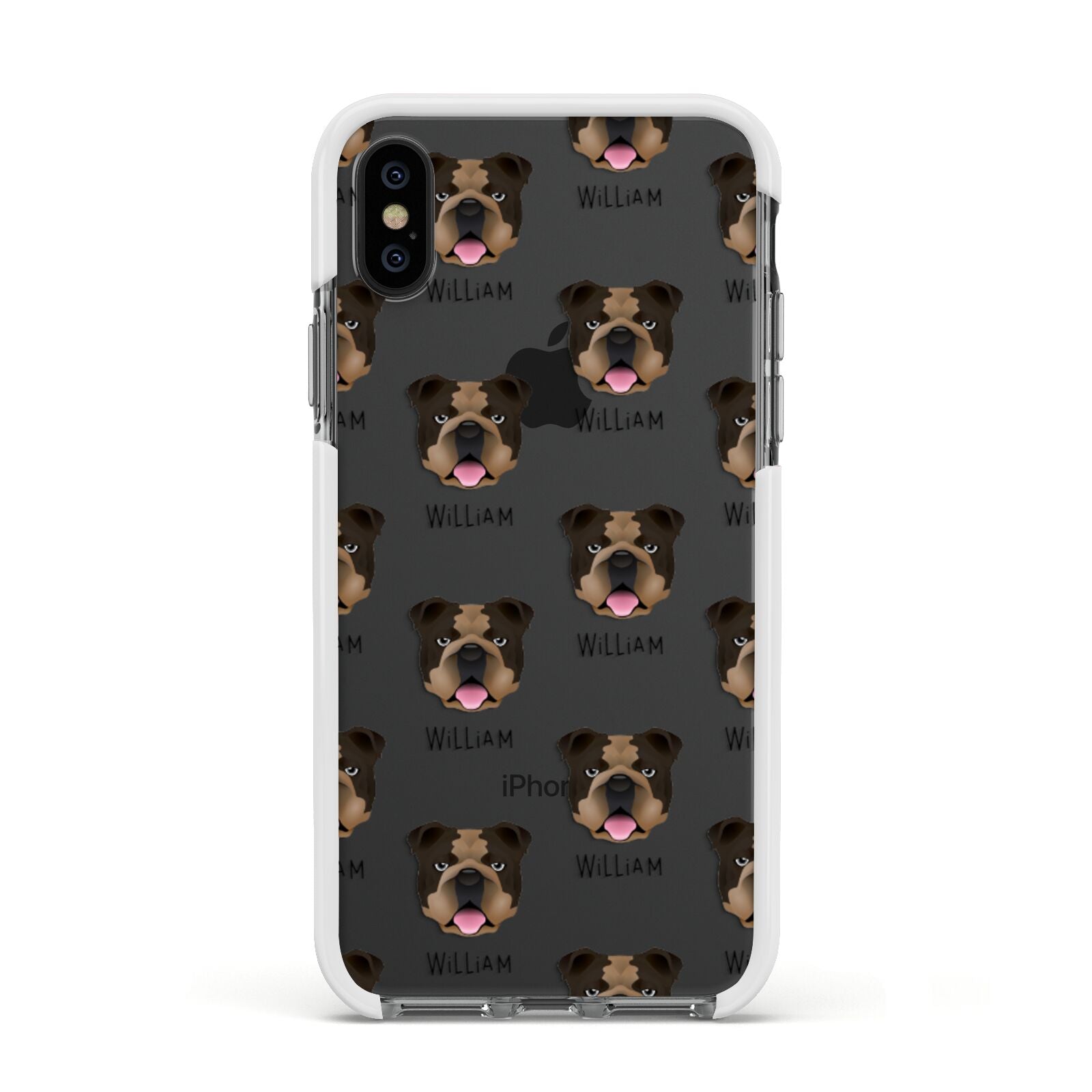 English Bulldog Icon with Name Apple iPhone Xs Impact Case White Edge on Black Phone
