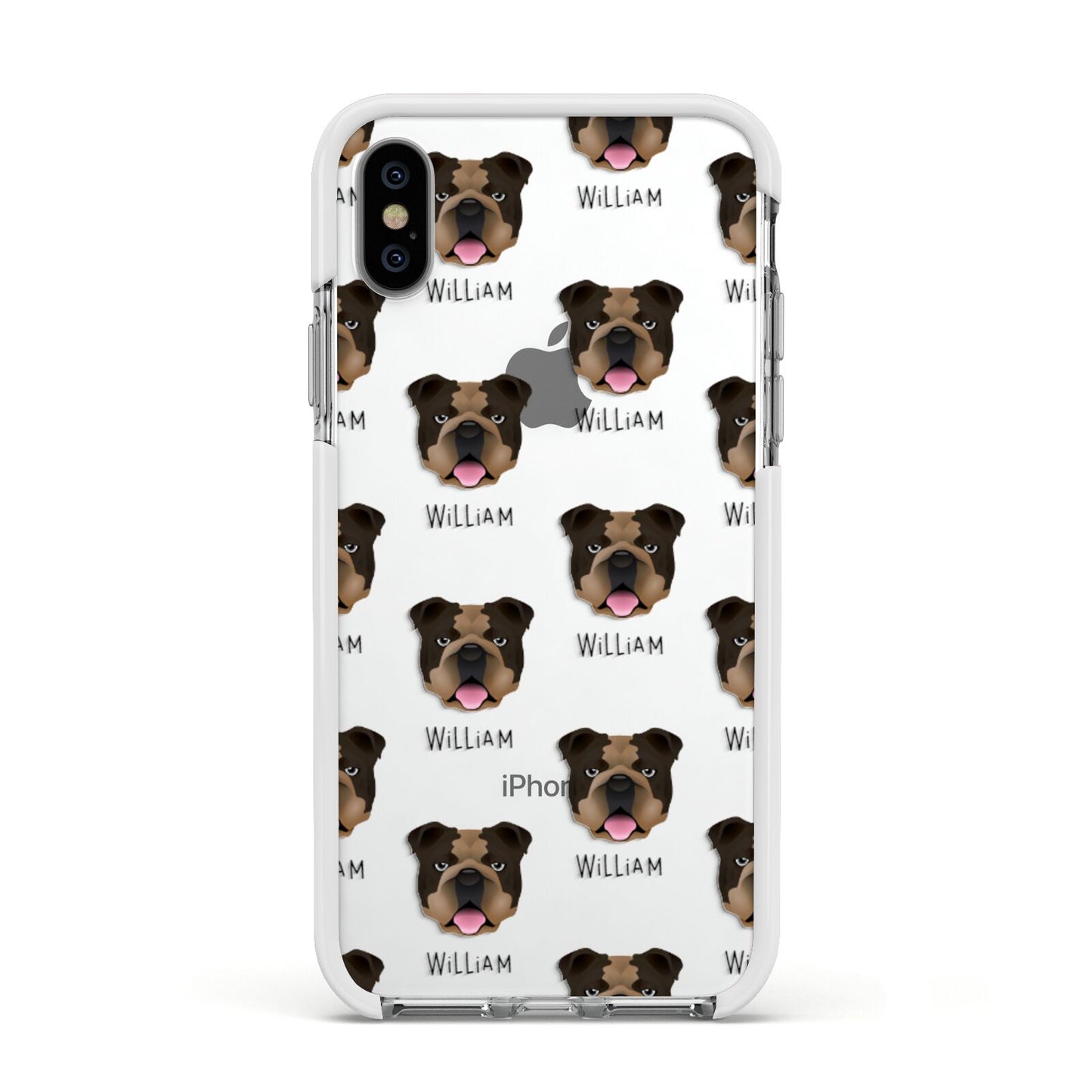 English Bulldog Icon with Name Apple iPhone Xs Impact Case White Edge on Silver Phone