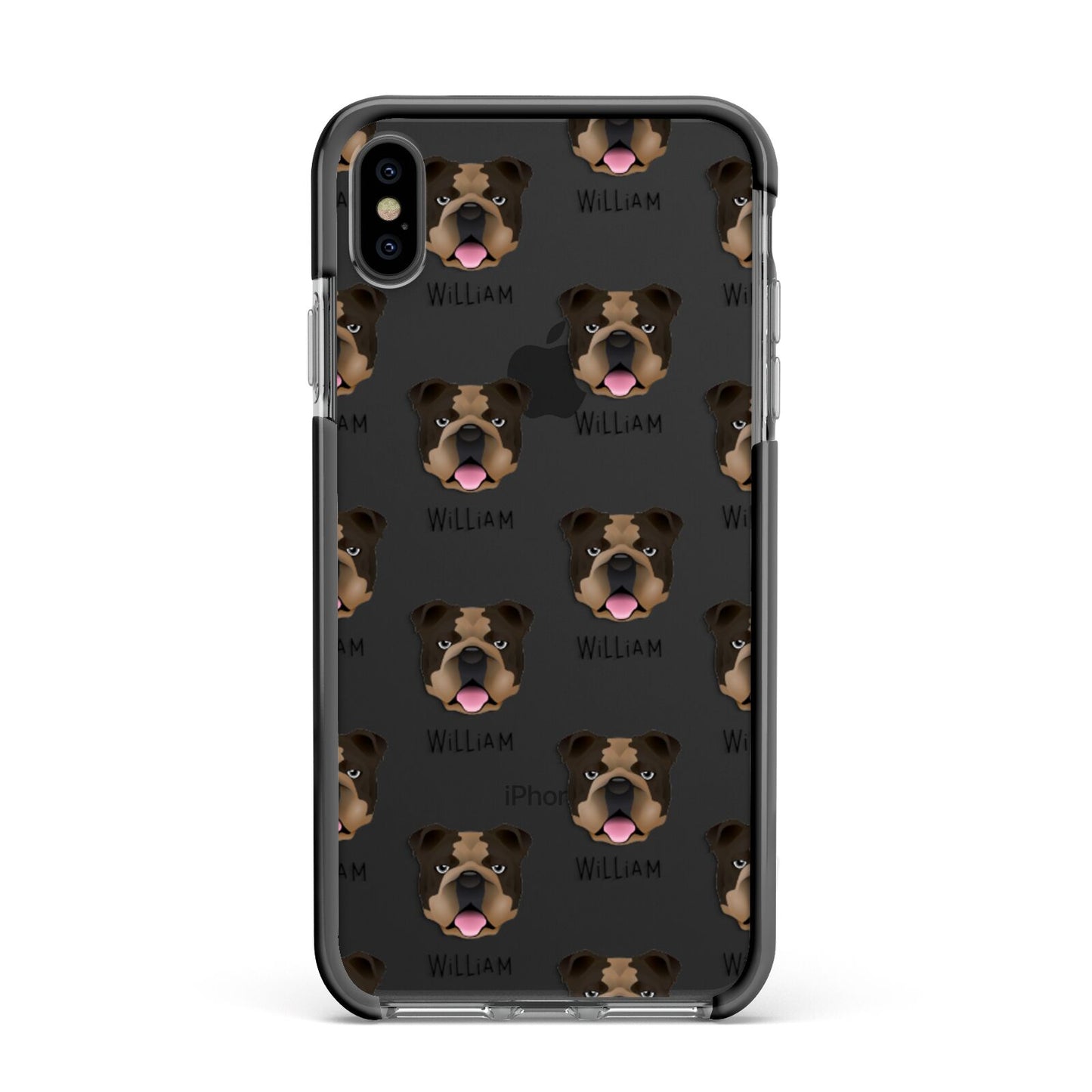 English Bulldog Icon with Name Apple iPhone Xs Max Impact Case Black Edge on Black Phone