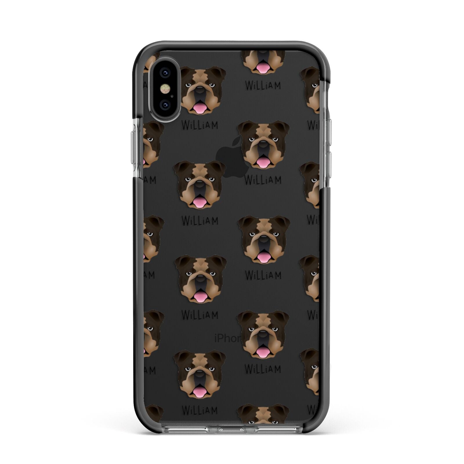 English Bulldog Icon with Name Apple iPhone Xs Max Impact Case Black Edge on Black Phone