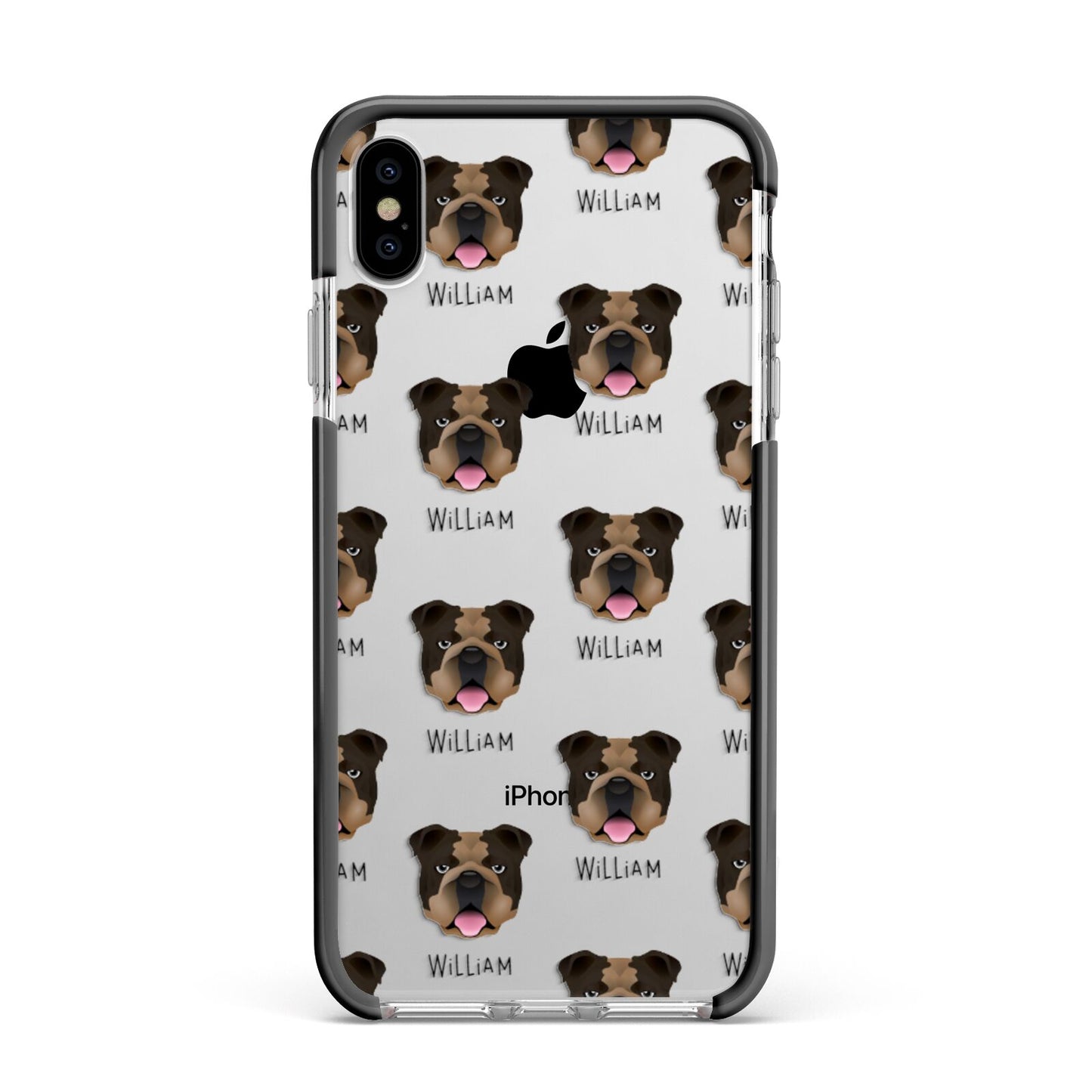 English Bulldog Icon with Name Apple iPhone Xs Max Impact Case Black Edge on Silver Phone