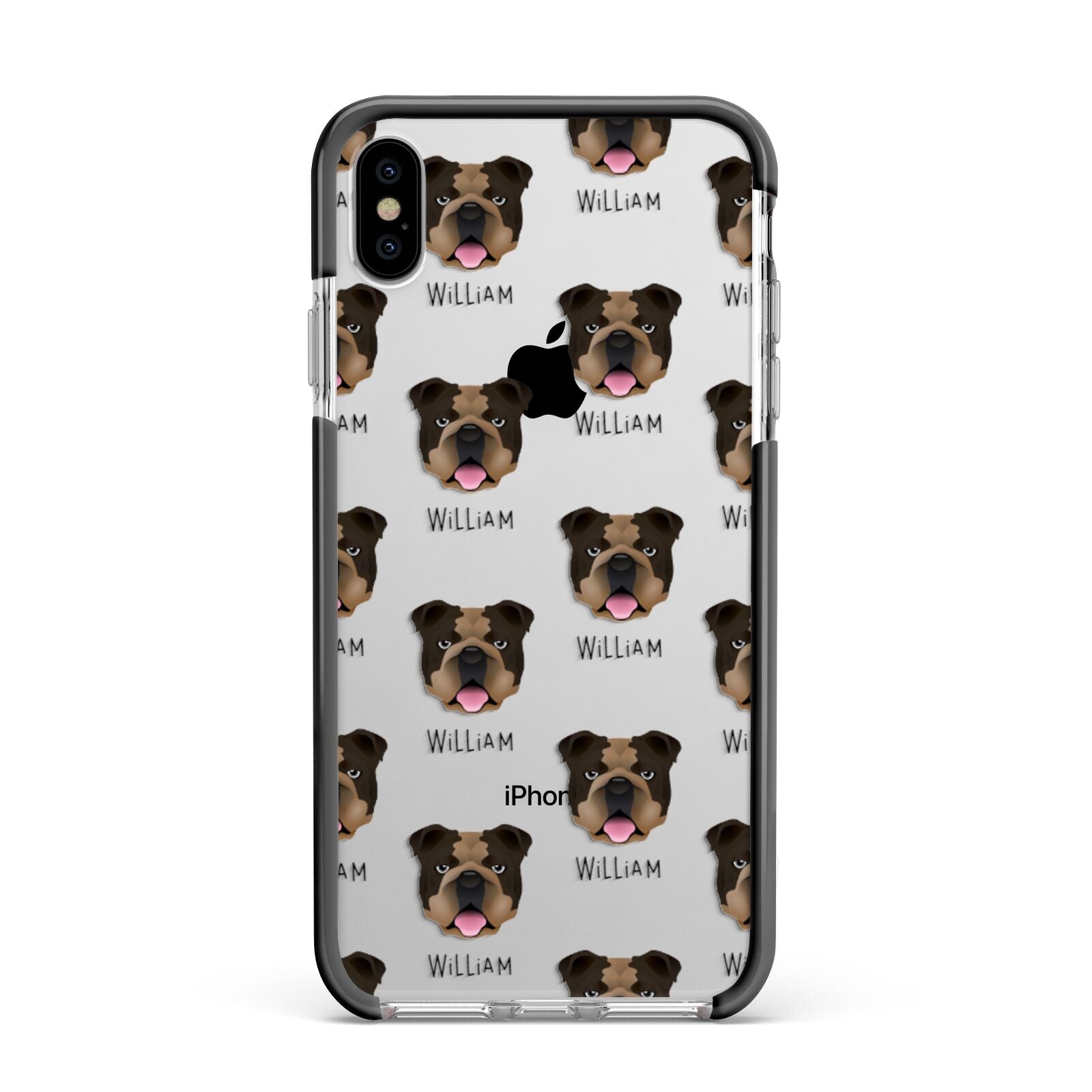 English Bulldog Icon with Name Apple iPhone Xs Max Impact Case Black Edge on Silver Phone