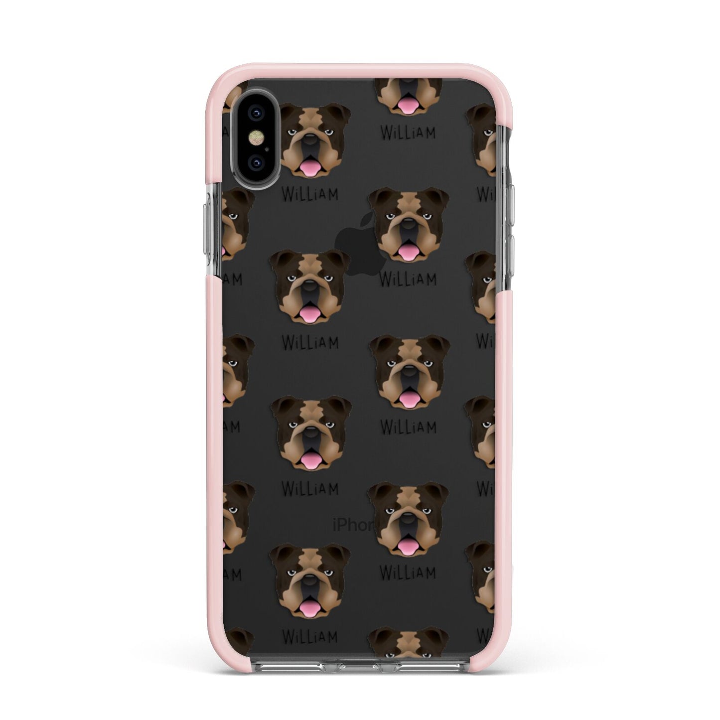 English Bulldog Icon with Name Apple iPhone Xs Max Impact Case Pink Edge on Black Phone