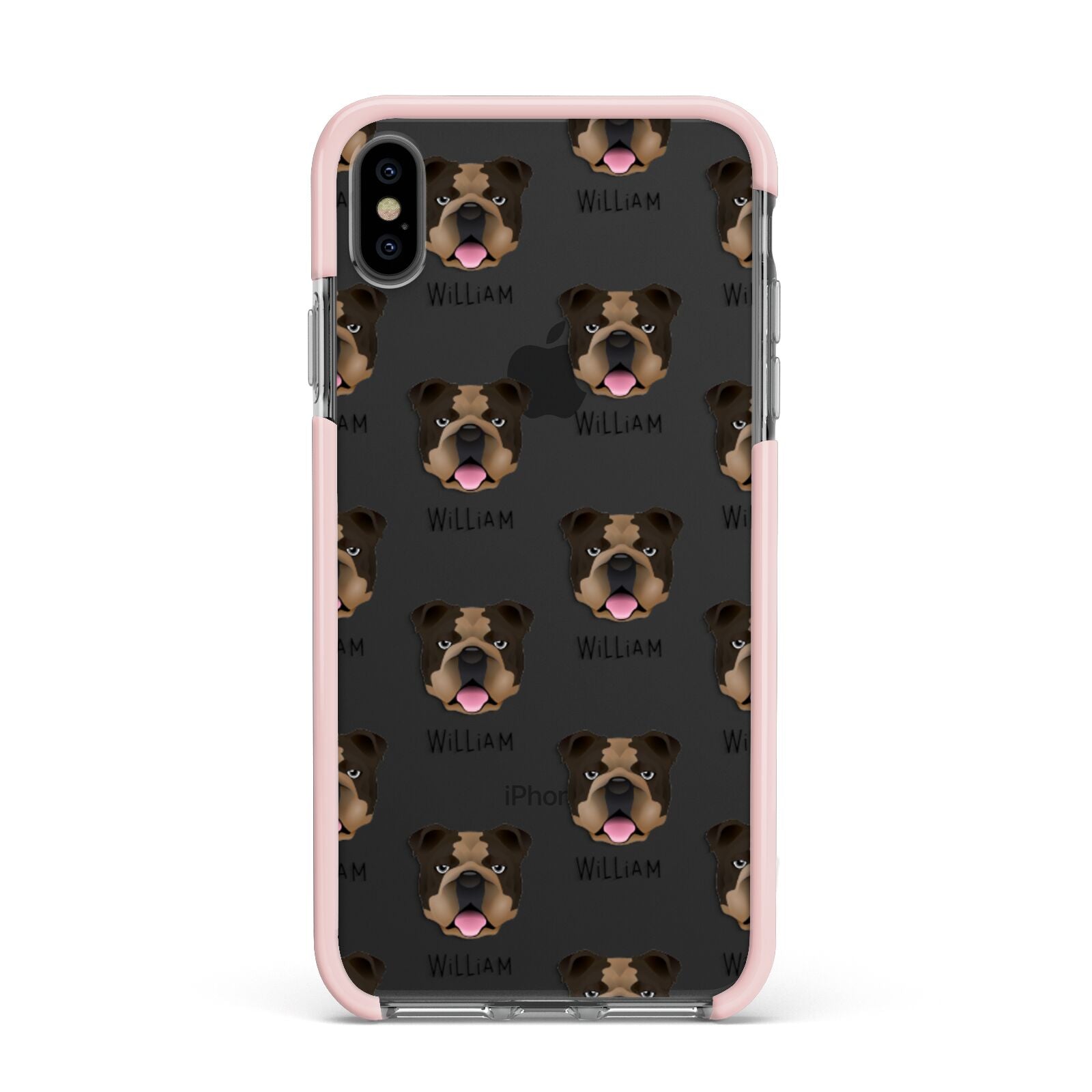 English Bulldog Icon with Name Apple iPhone Xs Max Impact Case Pink Edge on Black Phone