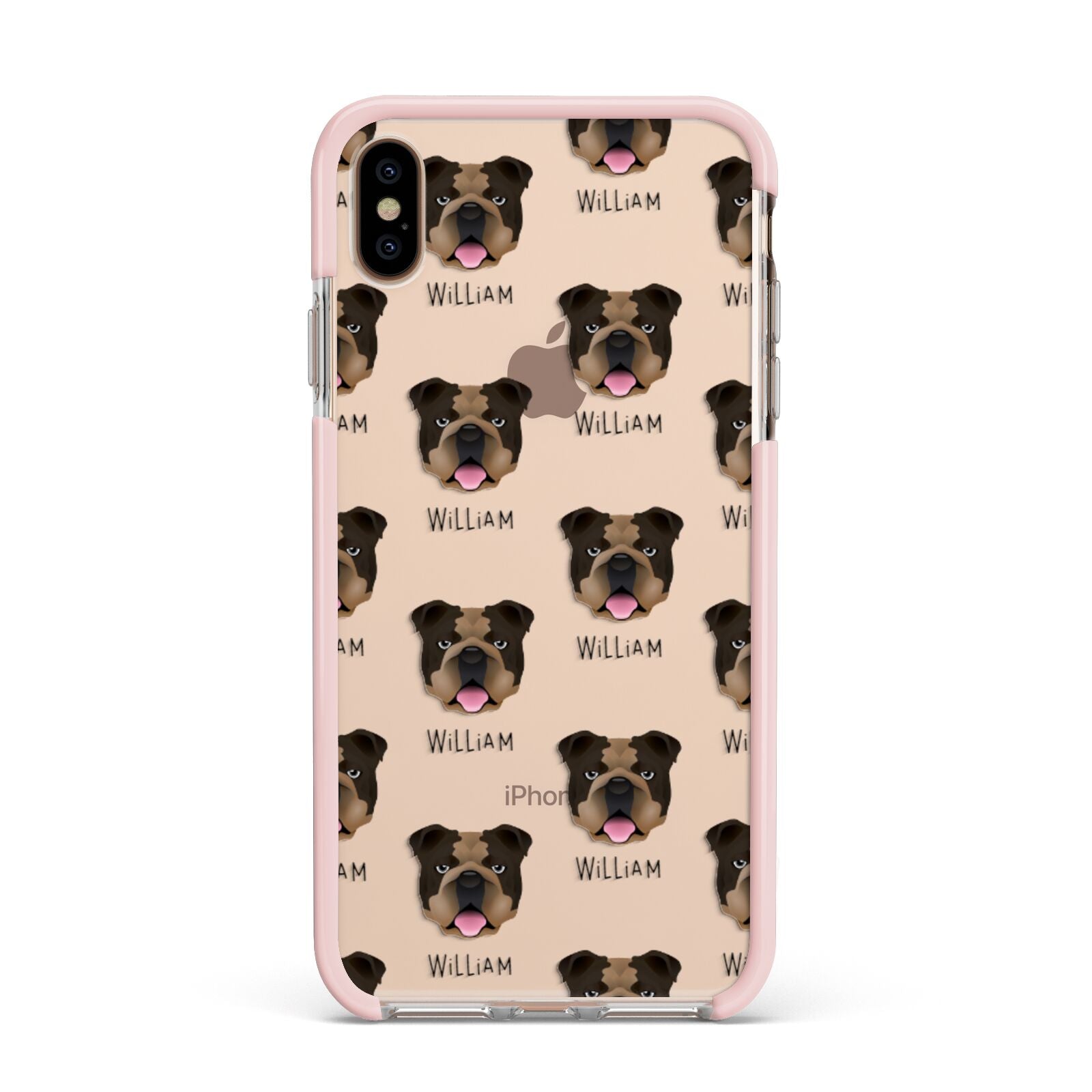 English Bulldog Icon with Name Apple iPhone Xs Max Impact Case Pink Edge on Gold Phone