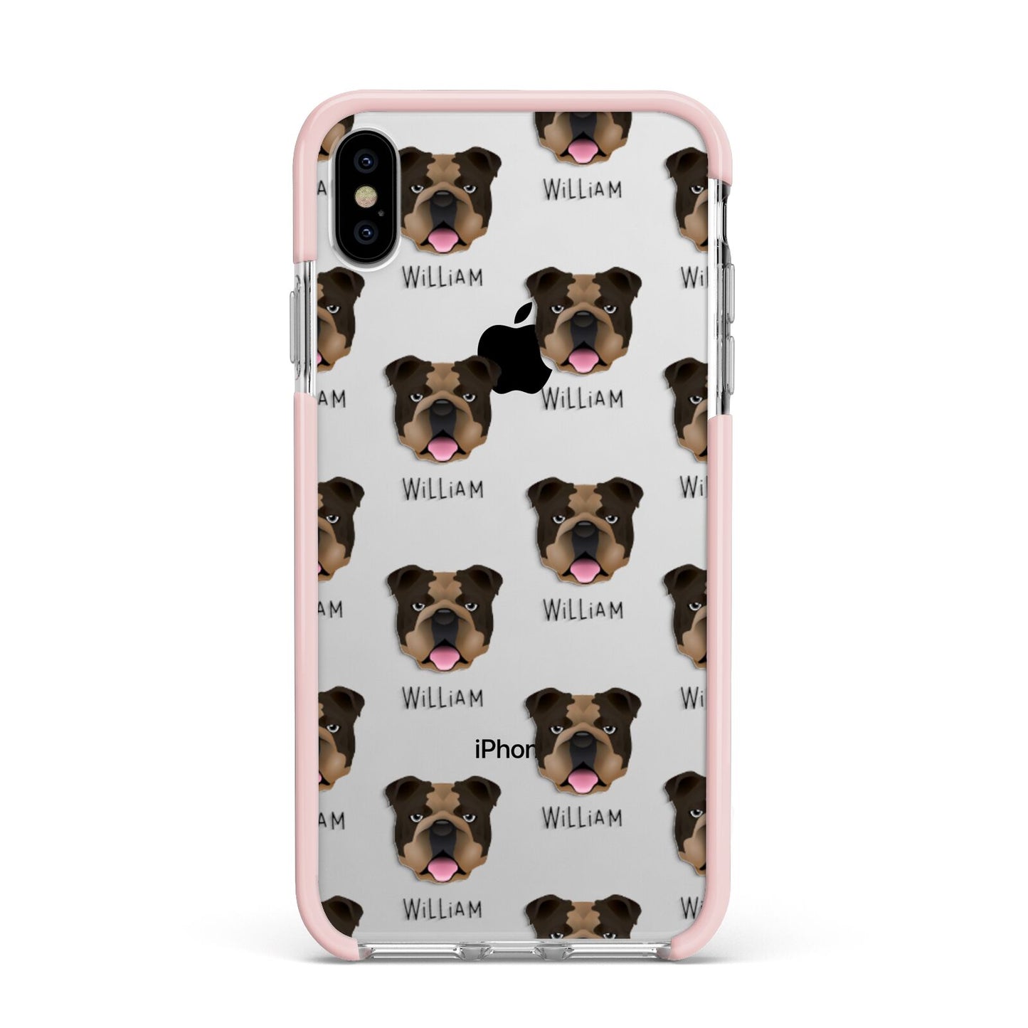 English Bulldog Icon with Name Apple iPhone Xs Max Impact Case Pink Edge on Silver Phone