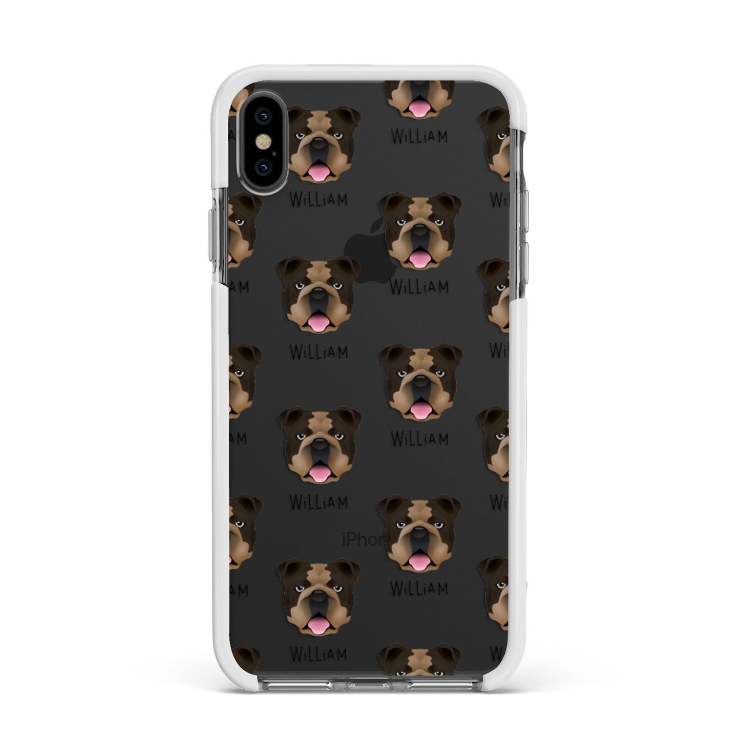 English Bulldog Icon with Name Apple iPhone Xs Max Impact Case White Edge on Black Phone