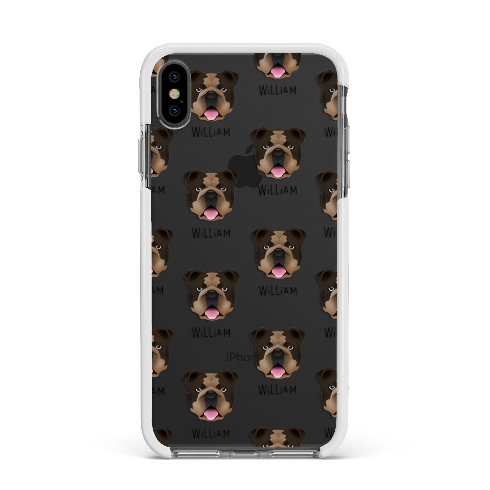 English Bulldog Icon with Name Apple iPhone Xs Max Impact Case White Edge on Black Phone