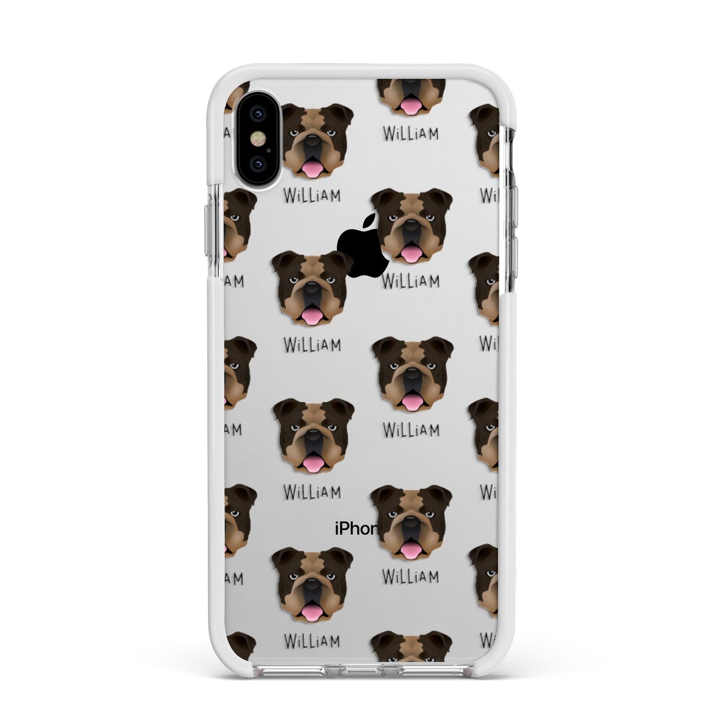 English Bulldog Icon with Name Apple iPhone Xs Max Impact Case White Edge on Silver Phone