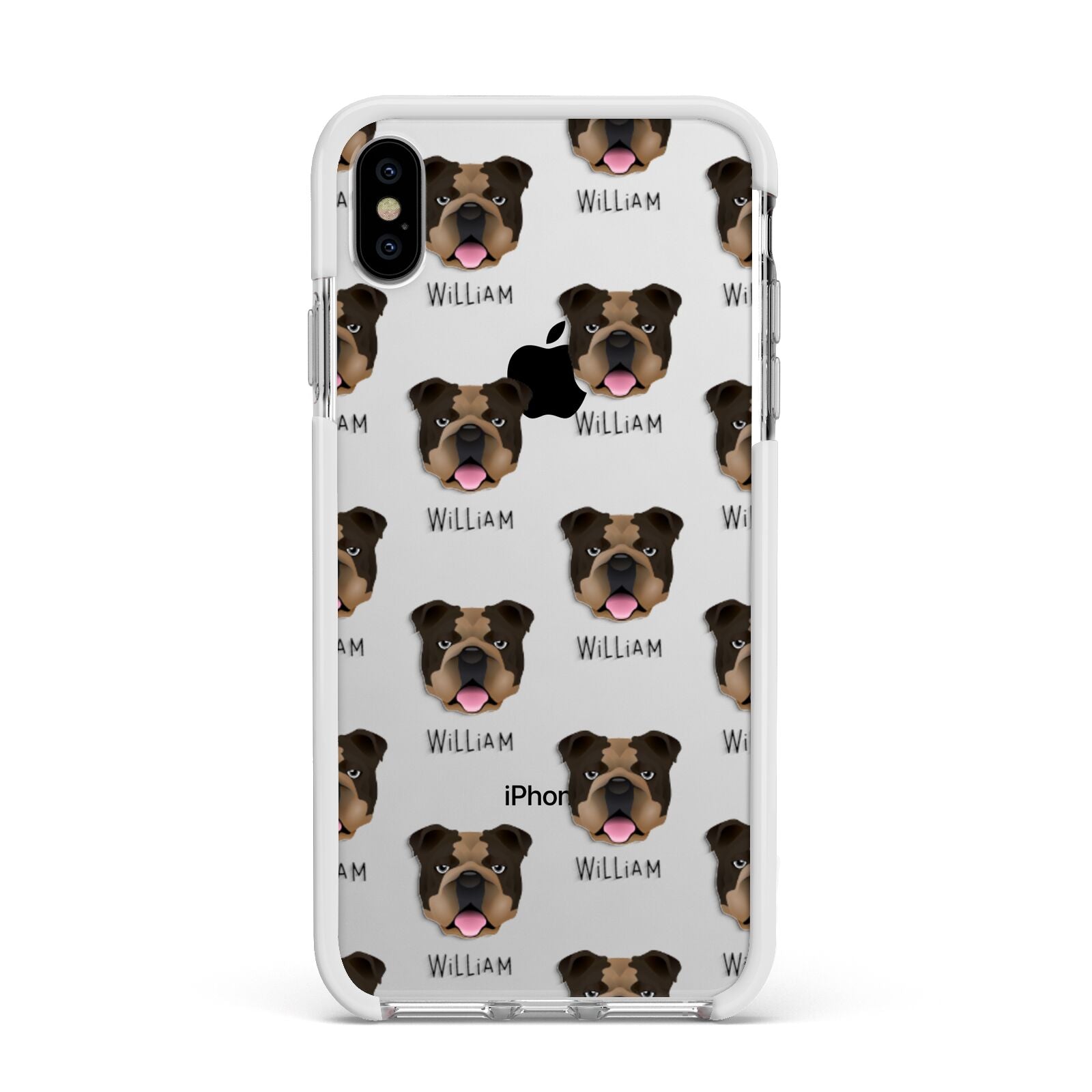 English Bulldog Icon with Name Apple iPhone Xs Max Impact Case White Edge on Silver Phone