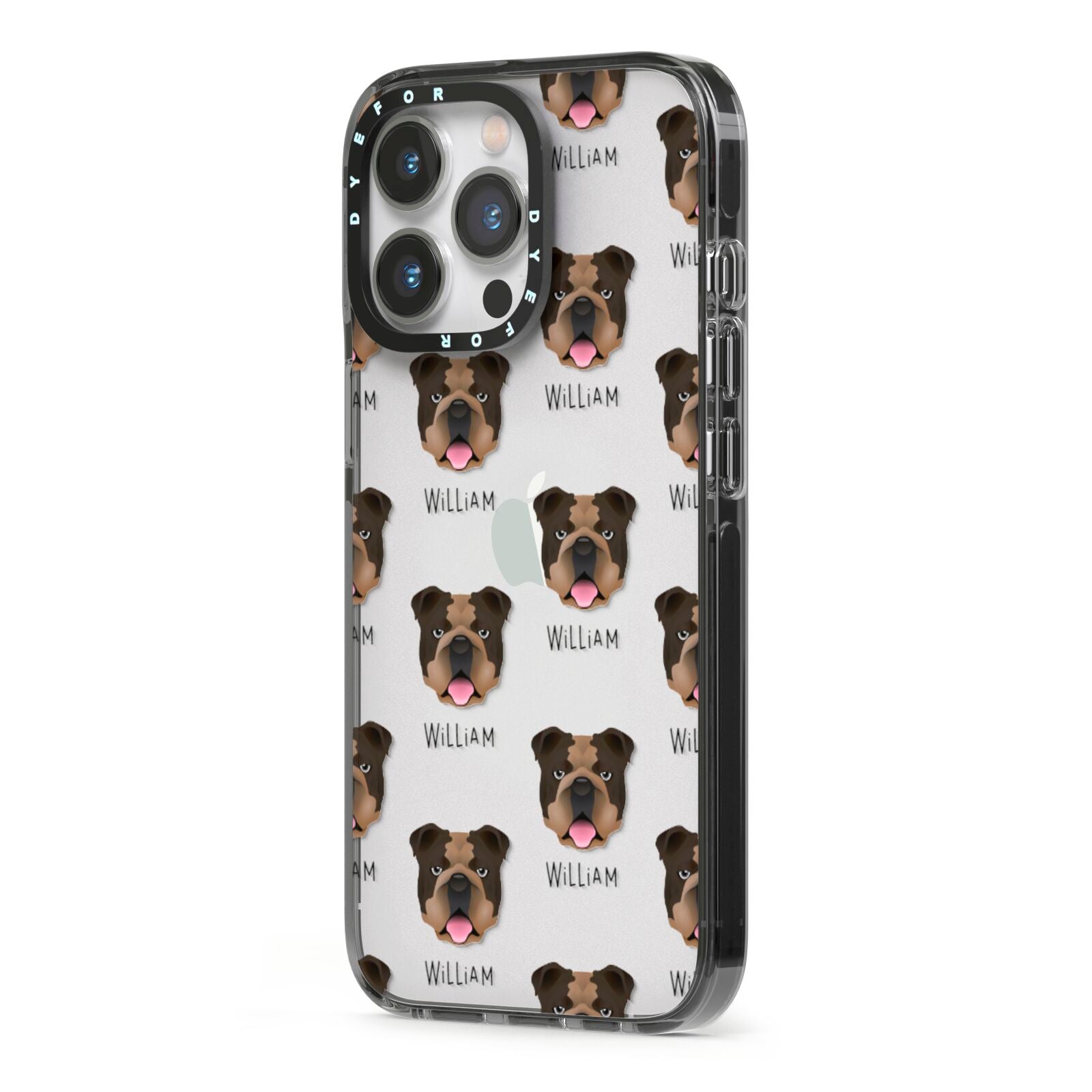 English Bulldog Icon with Name iPhone 13 Pro Black Impact Case Side Angle on Silver phone