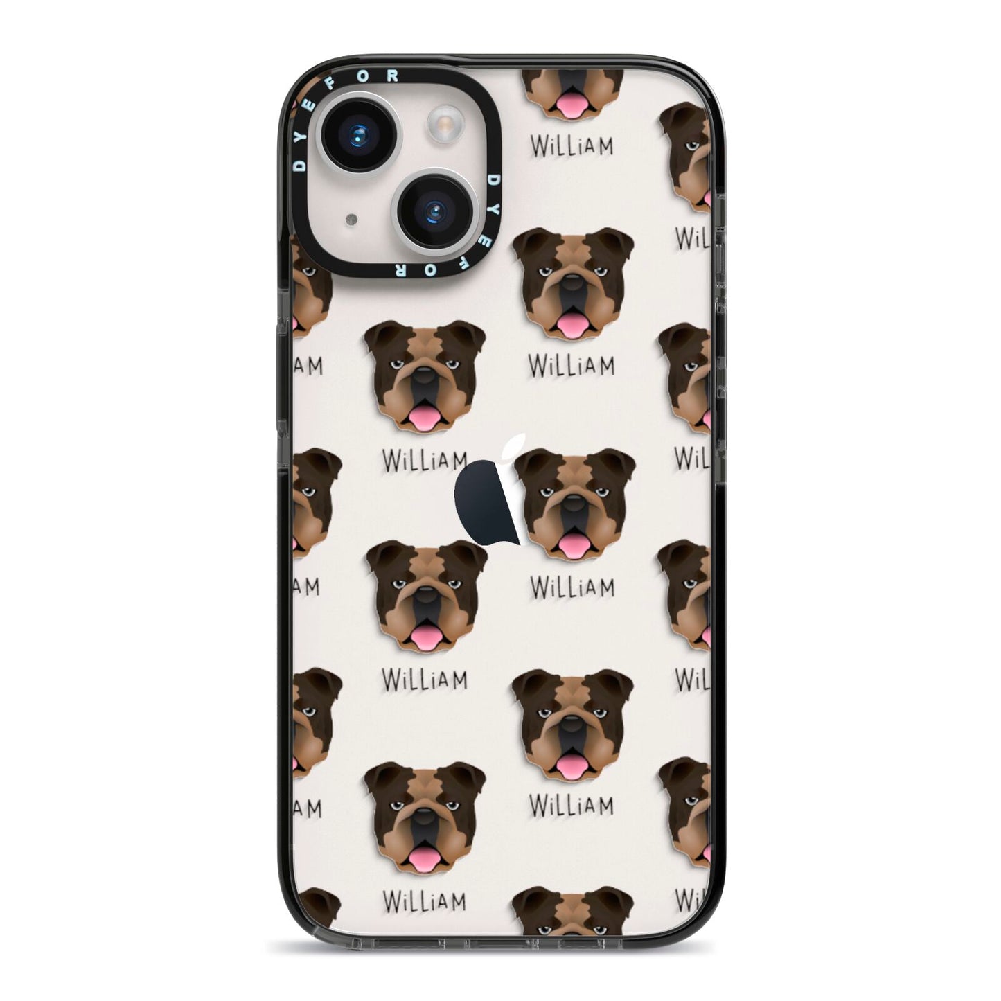 English Bulldog Icon with Name iPhone 14 Black Impact Case on Silver phone