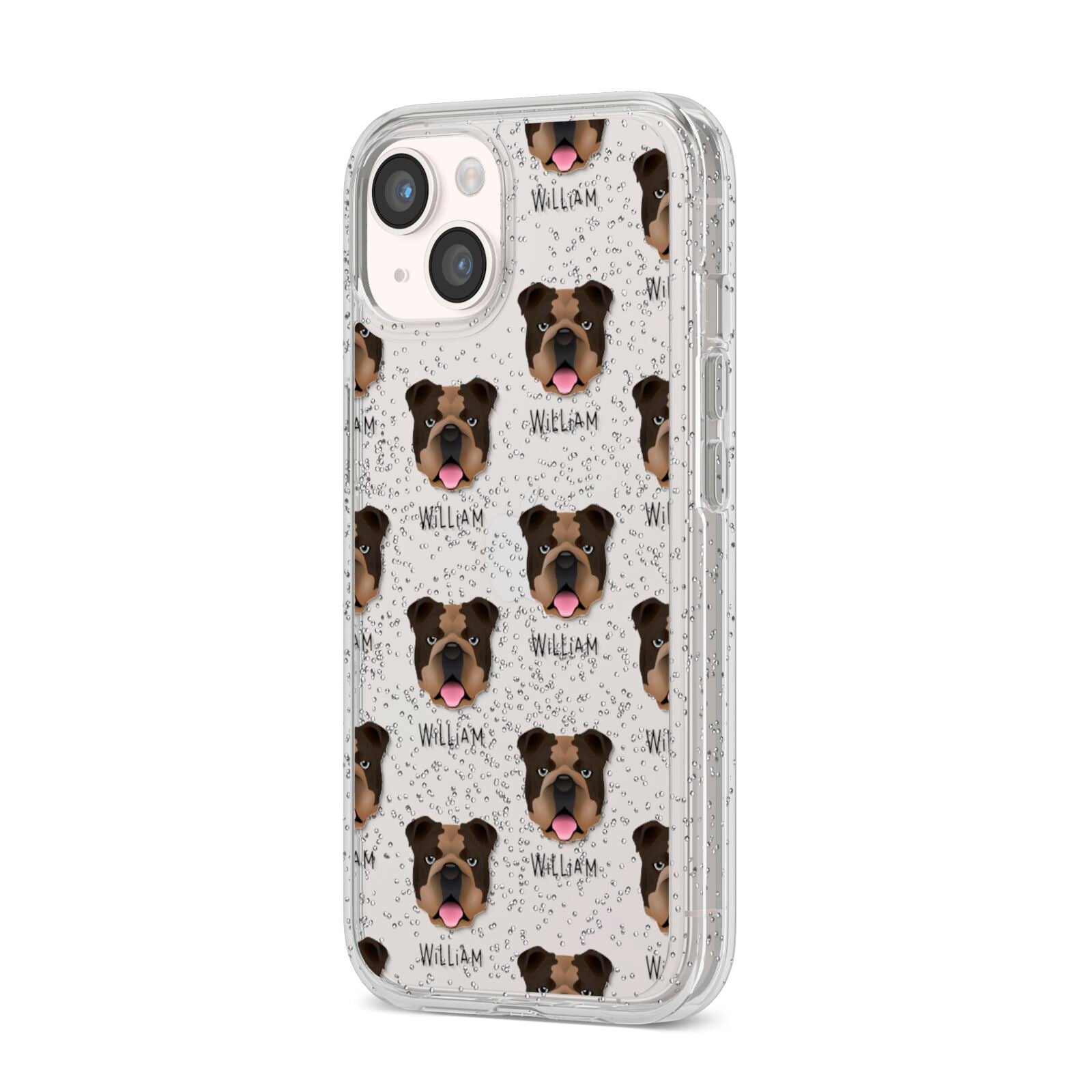 English Bulldog Icon with Name iPhone 14 Glitter Tough Case Starlight Angled Image