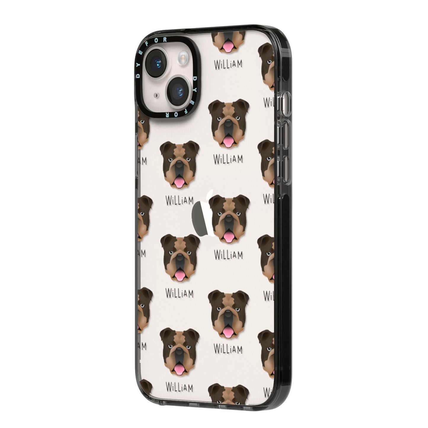 English Bulldog Icon with Name iPhone 14 Plus Black Impact Case Side Angle on Silver phone