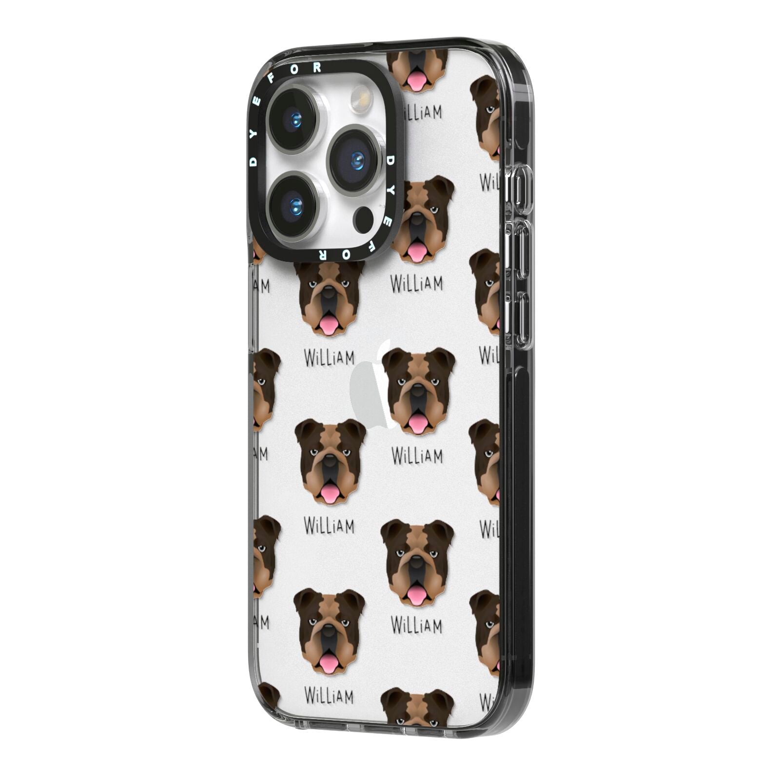 English Bulldog Icon with Name iPhone 14 Pro Black Impact Case Side Angle on Silver phone