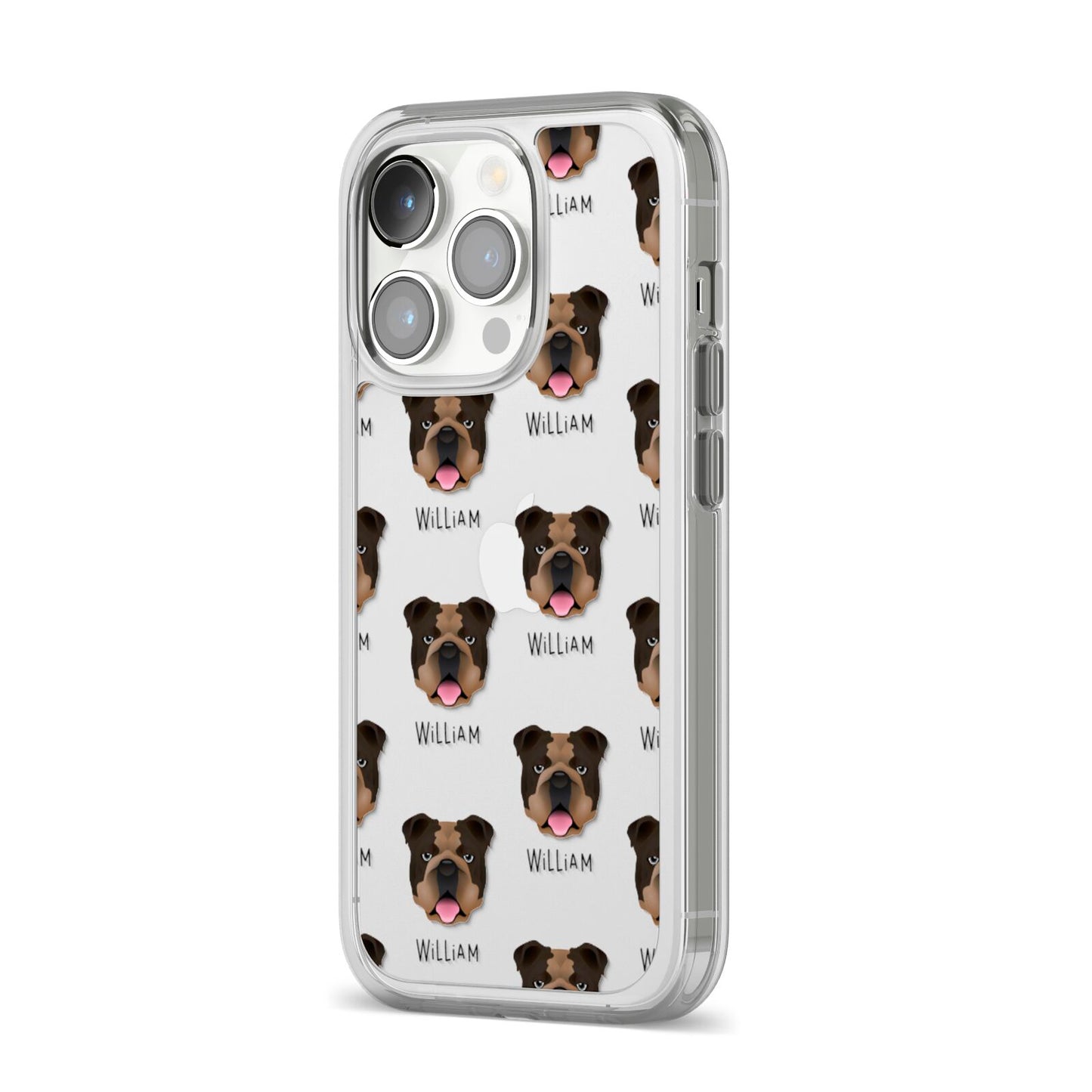 English Bulldog Icon with Name iPhone 14 Pro Clear Tough Case Silver Angled Image