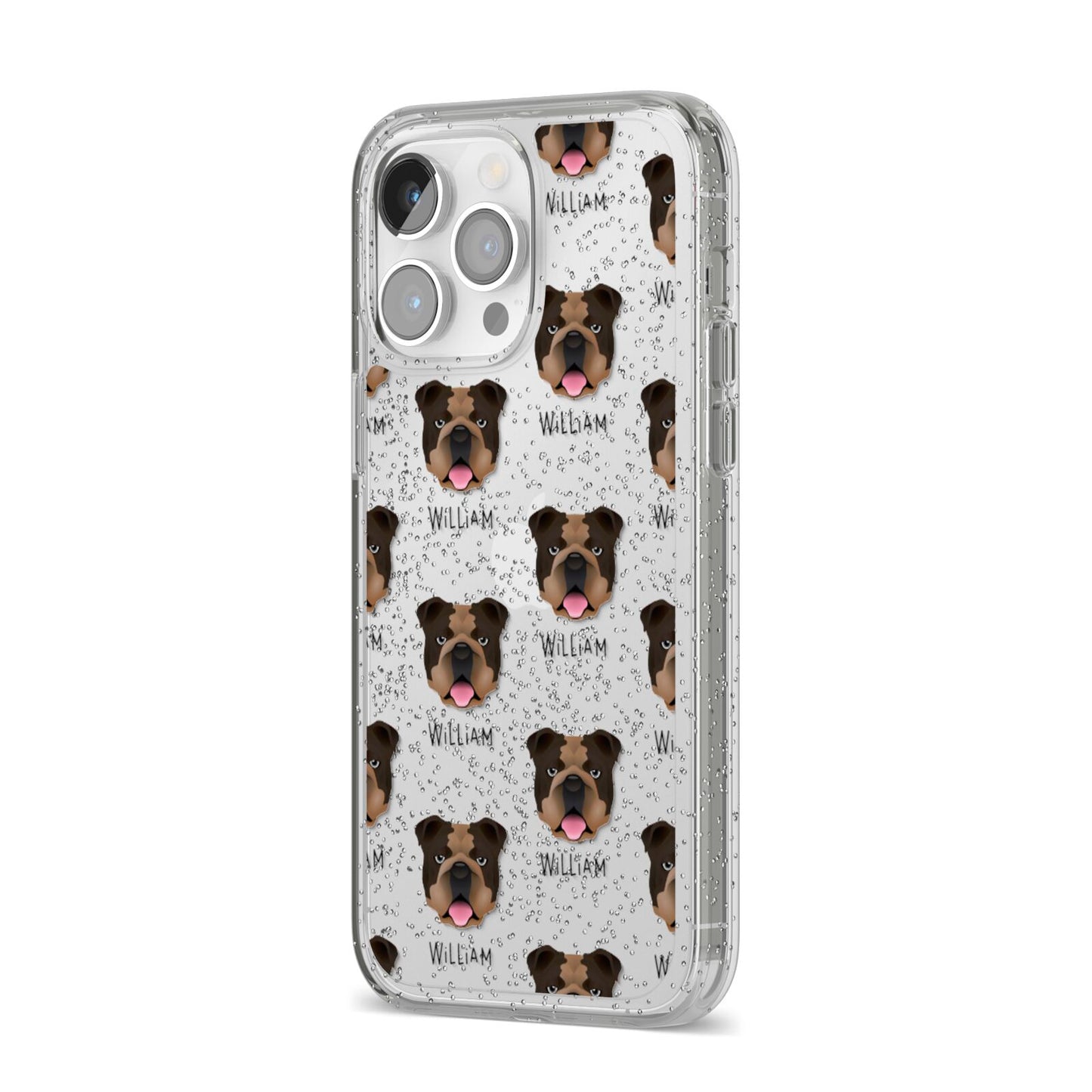 English Bulldog Icon with Name iPhone 14 Pro Max Glitter Tough Case Silver Angled Image