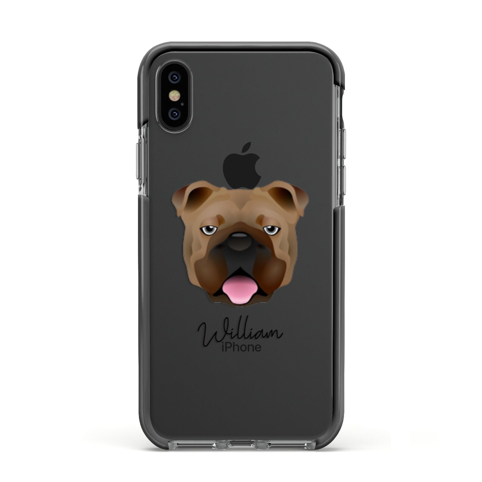 English Bulldog Personalised Apple iPhone Xs Impact Case Black Edge on Black Phone