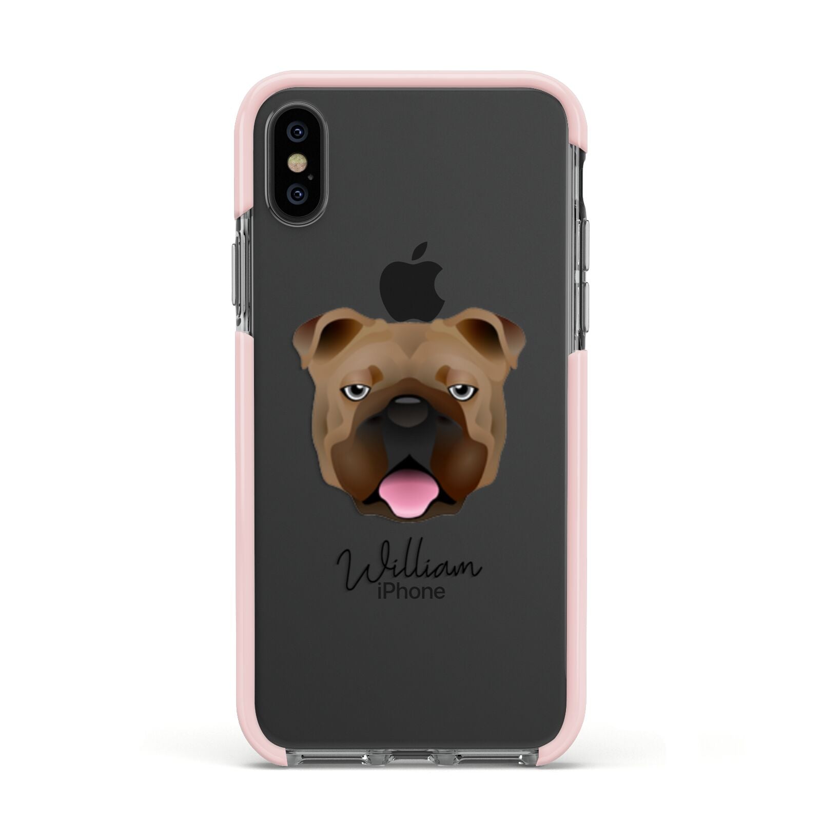 English Bulldog Personalised Apple iPhone Xs Impact Case Pink Edge on Black Phone