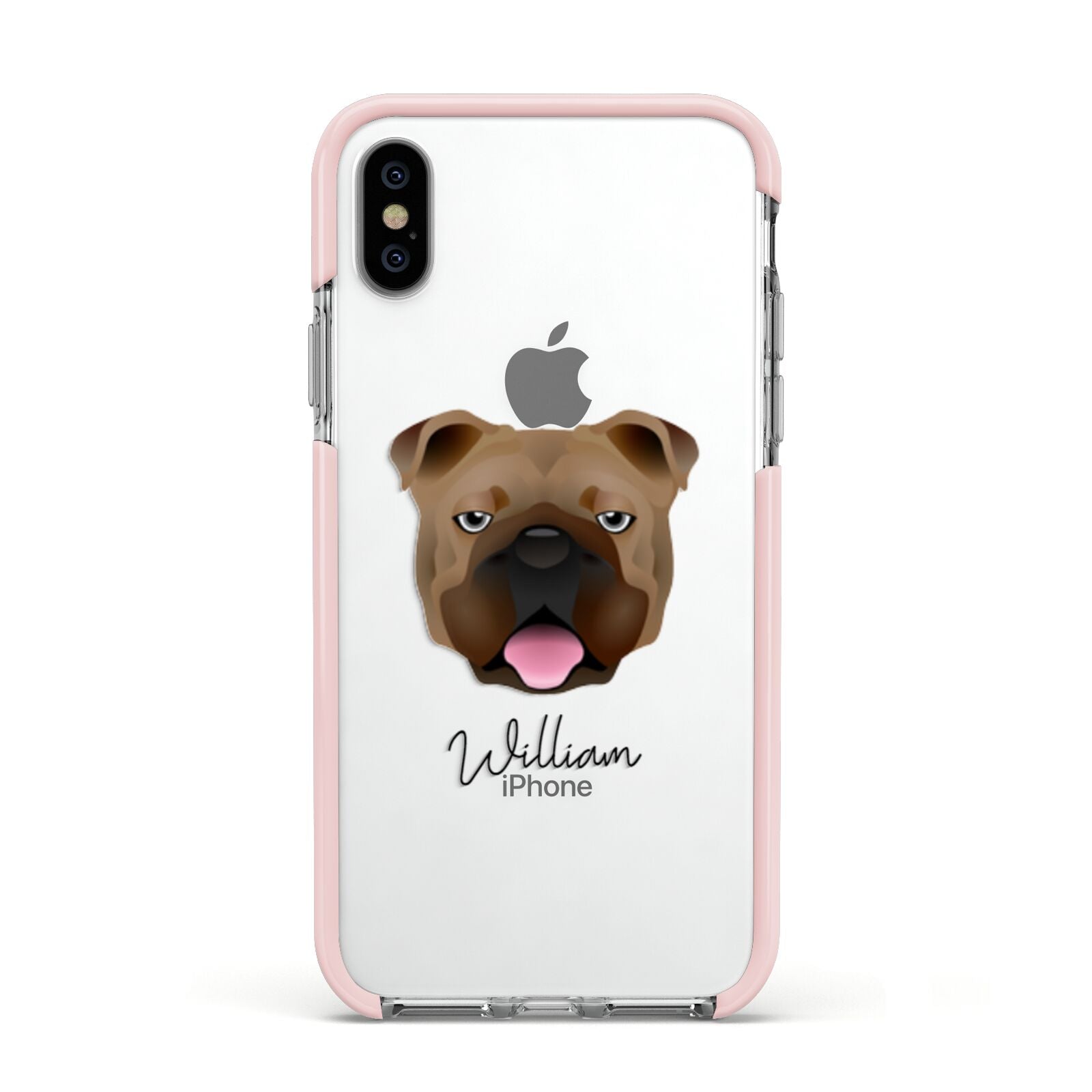 English Bulldog Personalised Apple iPhone Xs Impact Case Pink Edge on Silver Phone