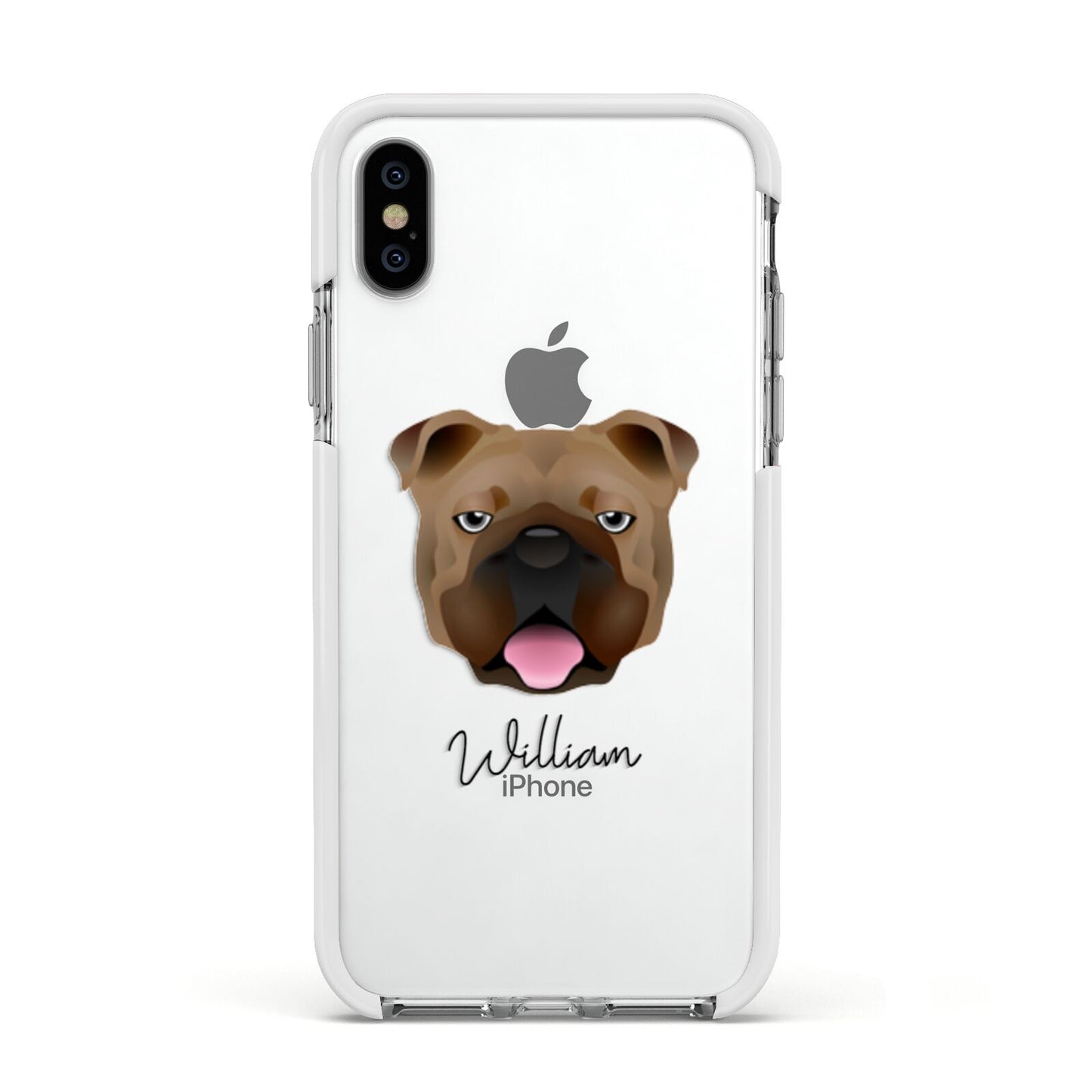 English Bulldog Personalised Apple iPhone Xs Impact Case White Edge on Silver Phone