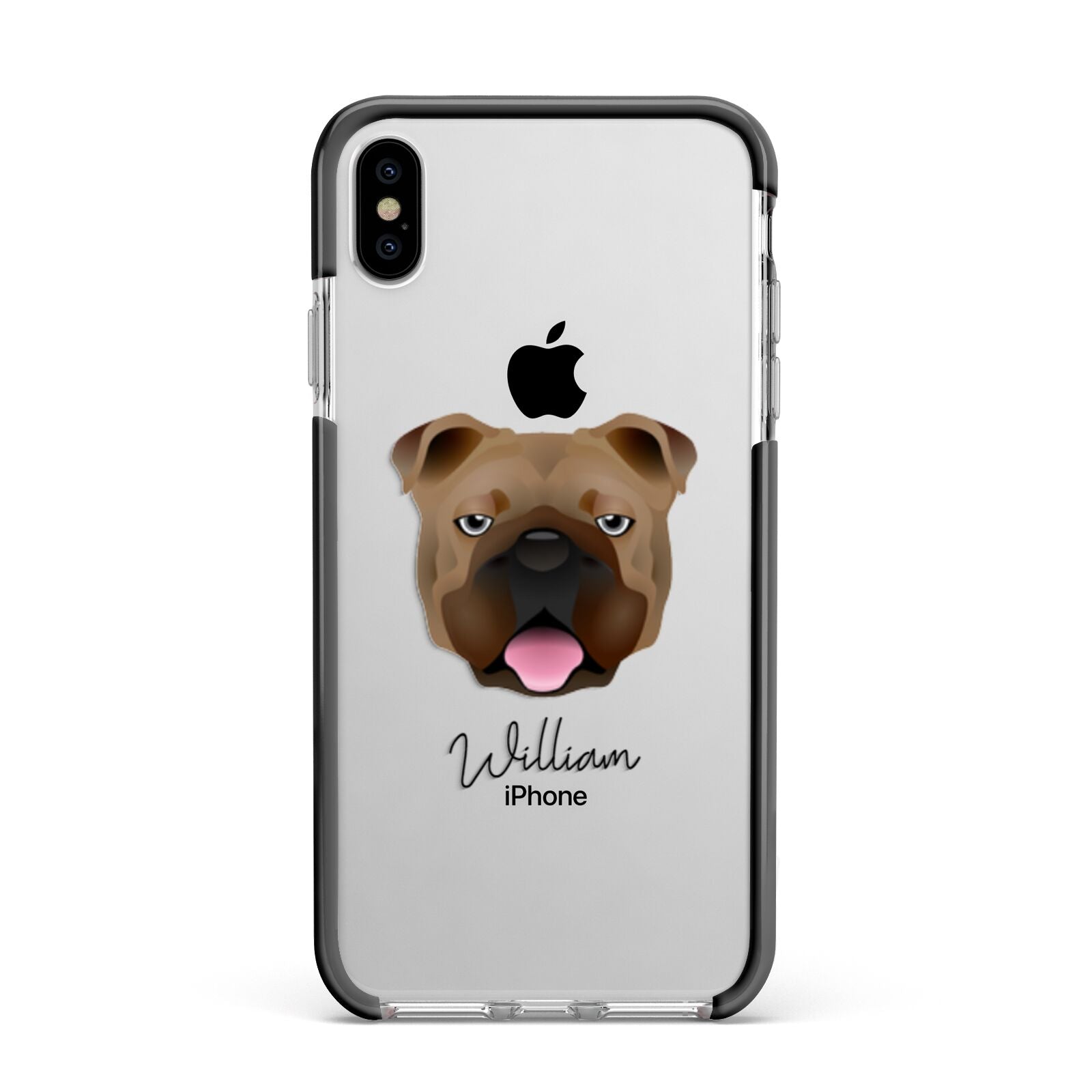 English Bulldog Personalised Apple iPhone Xs Max Impact Case Black Edge on Silver Phone