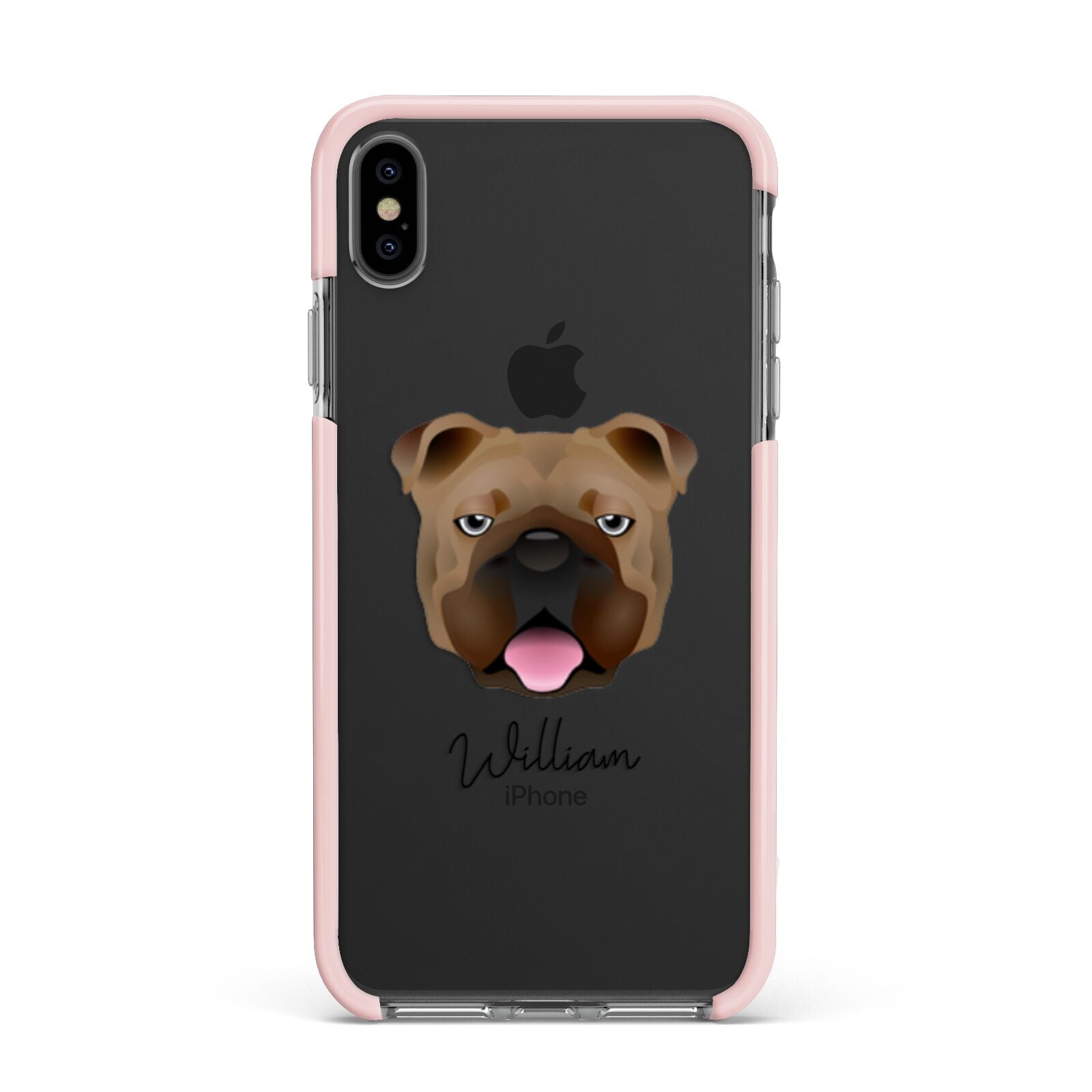 English Bulldog Personalised Apple iPhone Xs Max Impact Case Pink Edge on Black Phone