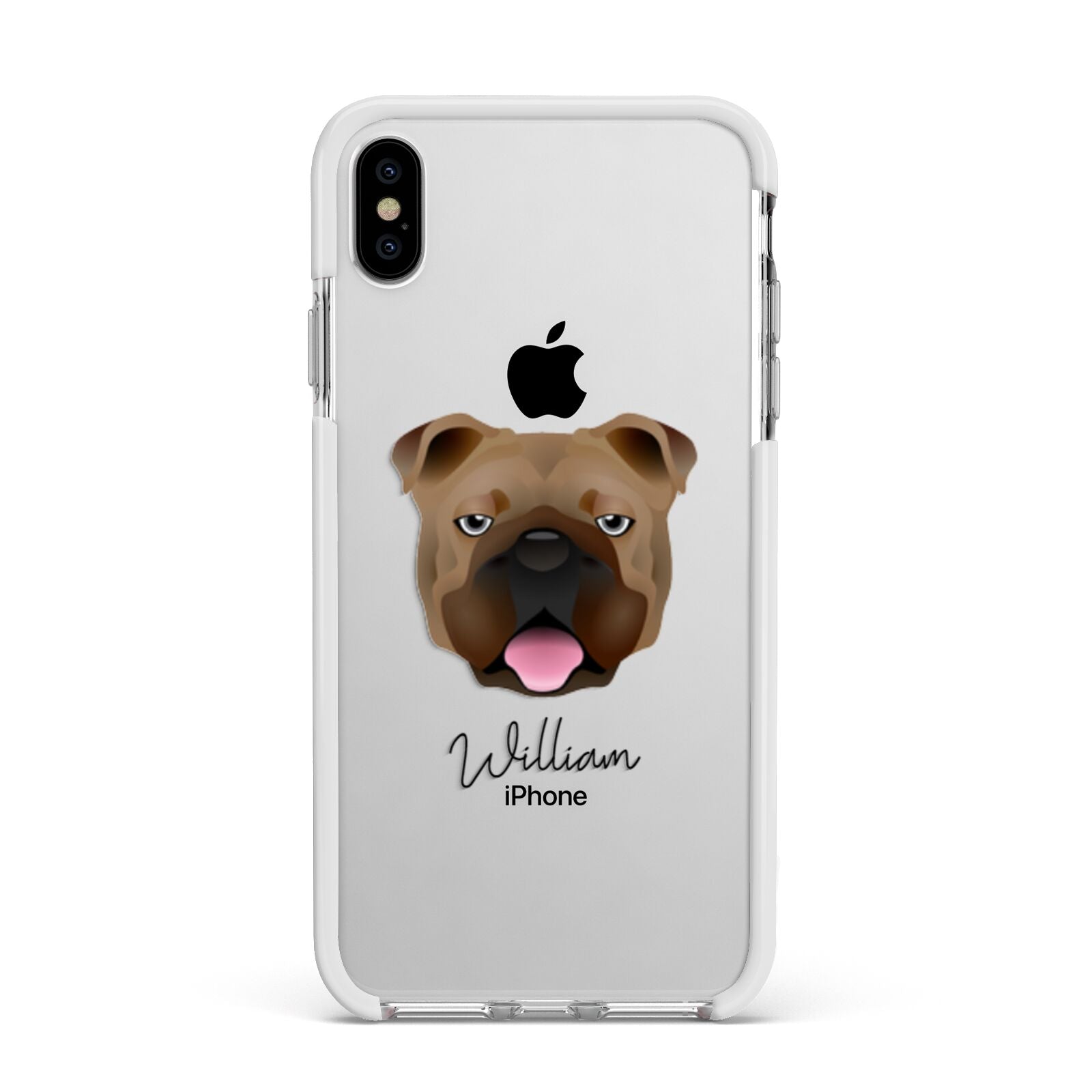 English Bulldog Personalised Apple iPhone Xs Max Impact Case White Edge on Silver Phone