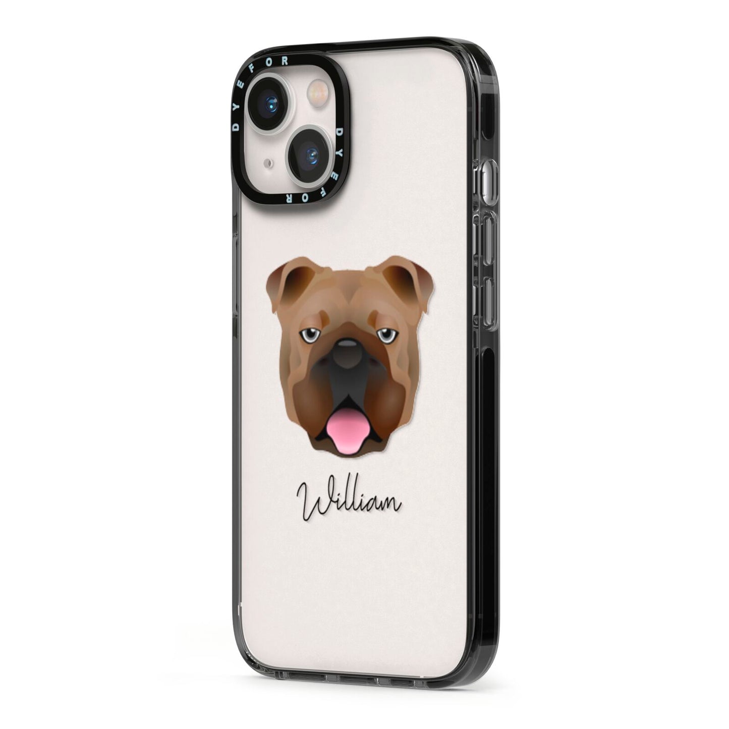 English Bulldog Personalised iPhone 13 Black Impact Case Side Angle on Silver phone
