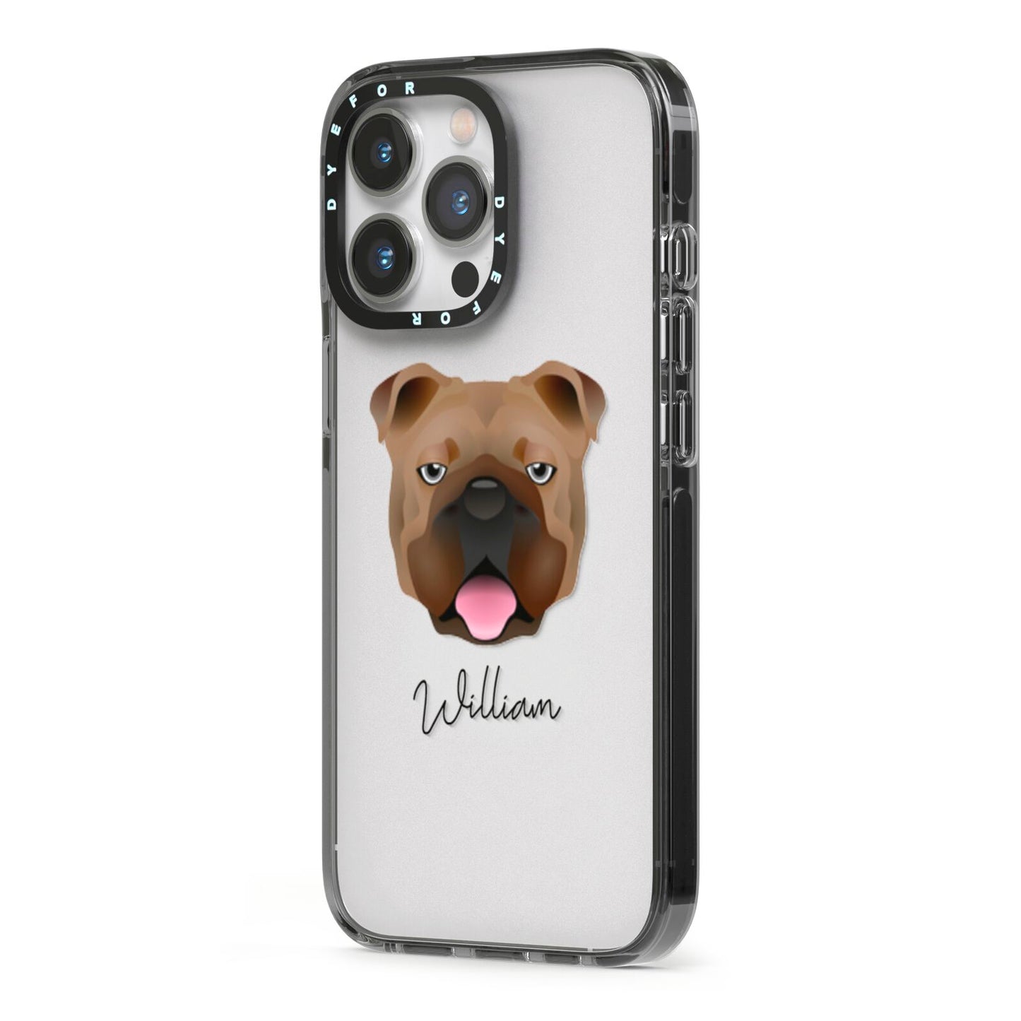 English Bulldog Personalised iPhone 13 Pro Black Impact Case Side Angle on Silver phone