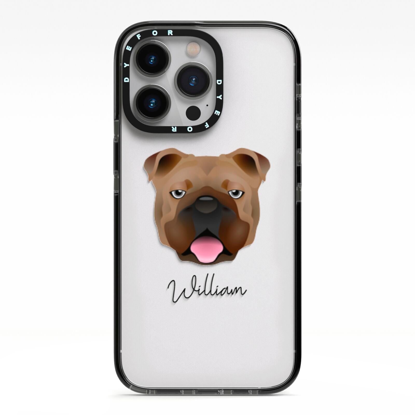 English Bulldog Personalised iPhone 13 Pro Black Impact Case on Silver phone
