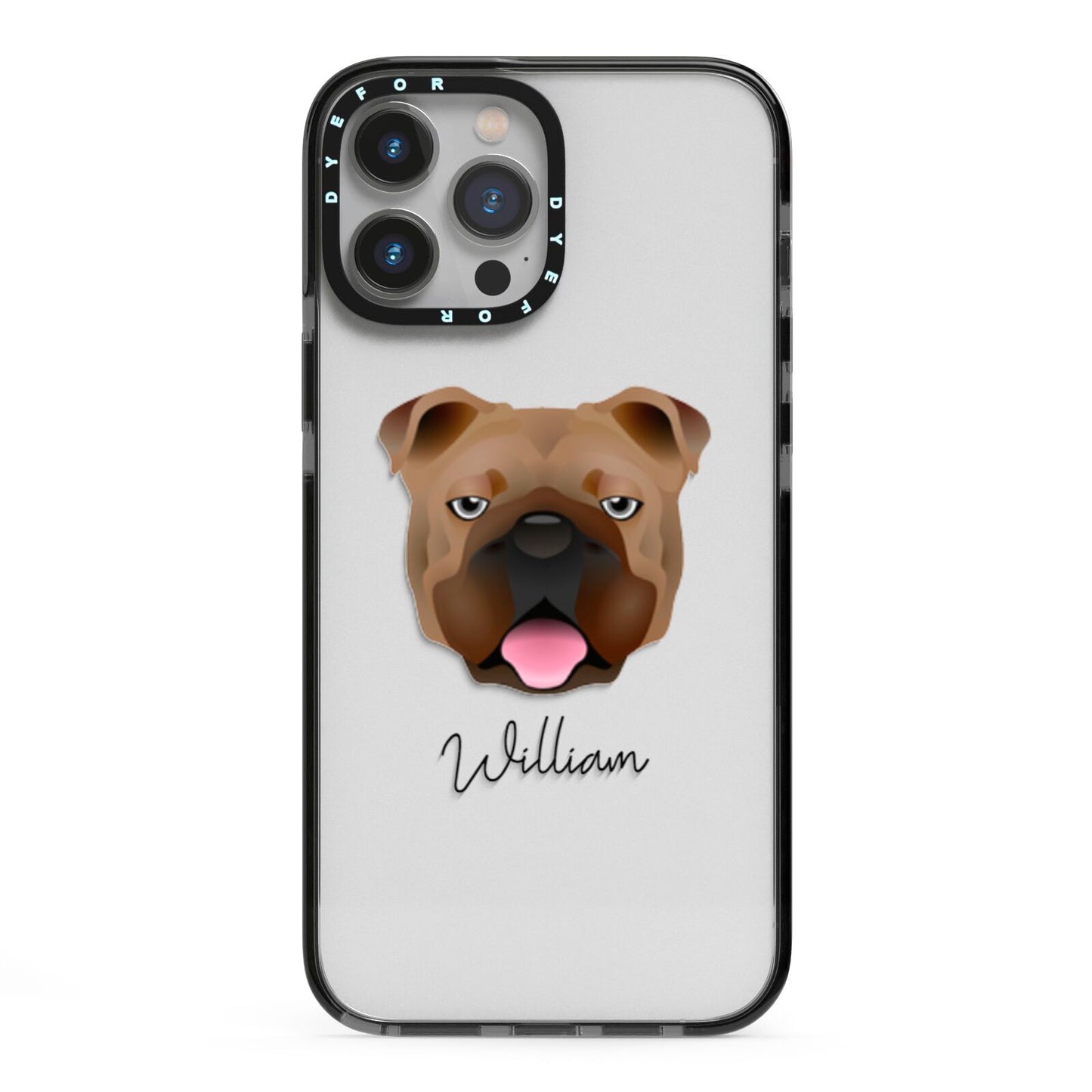 English Bulldog Personalised iPhone 13 Pro Max Black Impact Case on Silver phone
